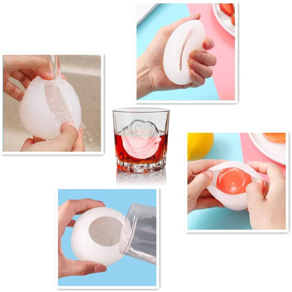 2 Pack 3D Rose Ice Cube Molds - 2 Inch Silicone Rose Shaped Ice Ball Maker for Whiskey, Cocktails, Bourbon, Chilled Drinks & Homemade Juice - Perfect for Romantic Date Nights, Parties & Home Bars