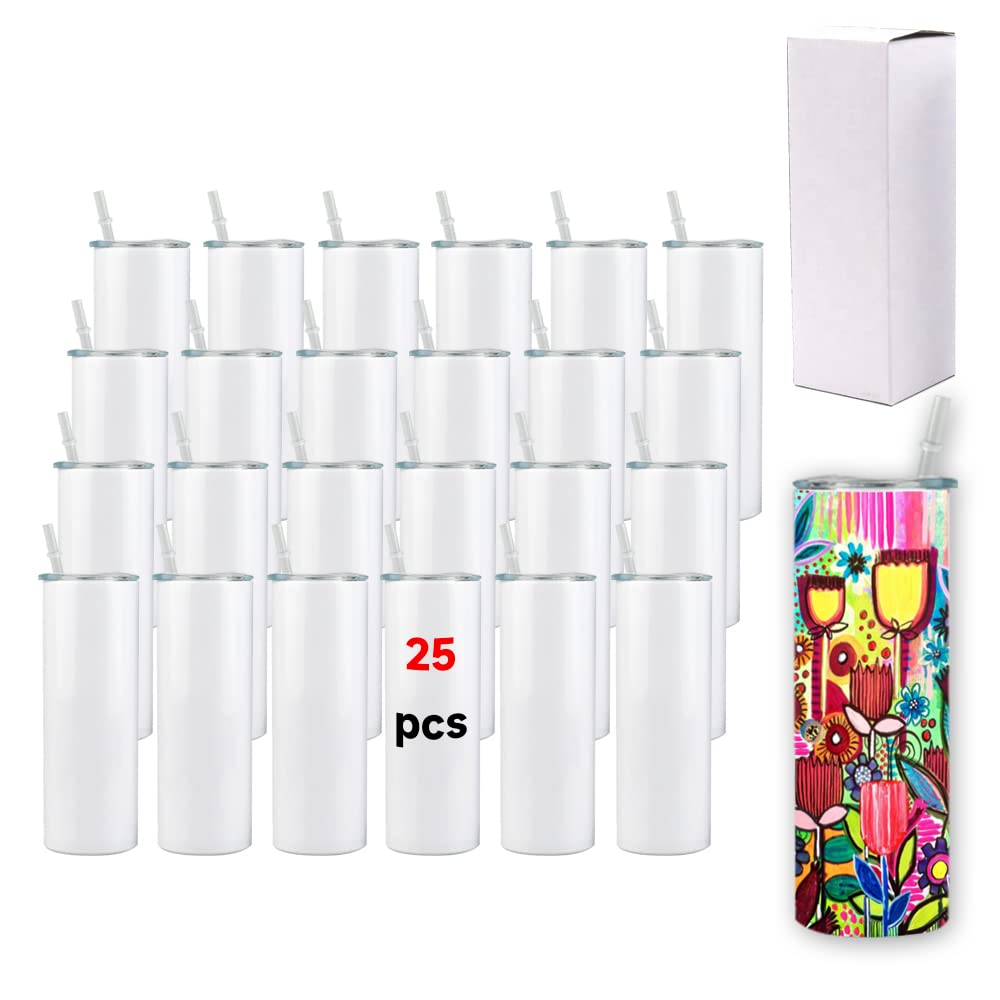 20 oz Skinny Straight Sublimation Tumblers - 25 Pack Stainless Steel Double Wall Vacuum Insulated Blanks for Custom Designs - Perfect for Personalized Gifts, Promotional Items & Drinkware Business