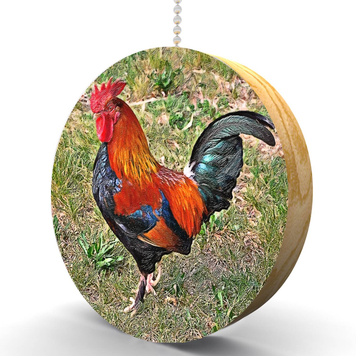 Handcrafted Barnyard Rooster Hardwood Oak Ceiling Fan Pull Chain - Rustic Farmhouse Decor for Kitchen, Bedroom & Living Room