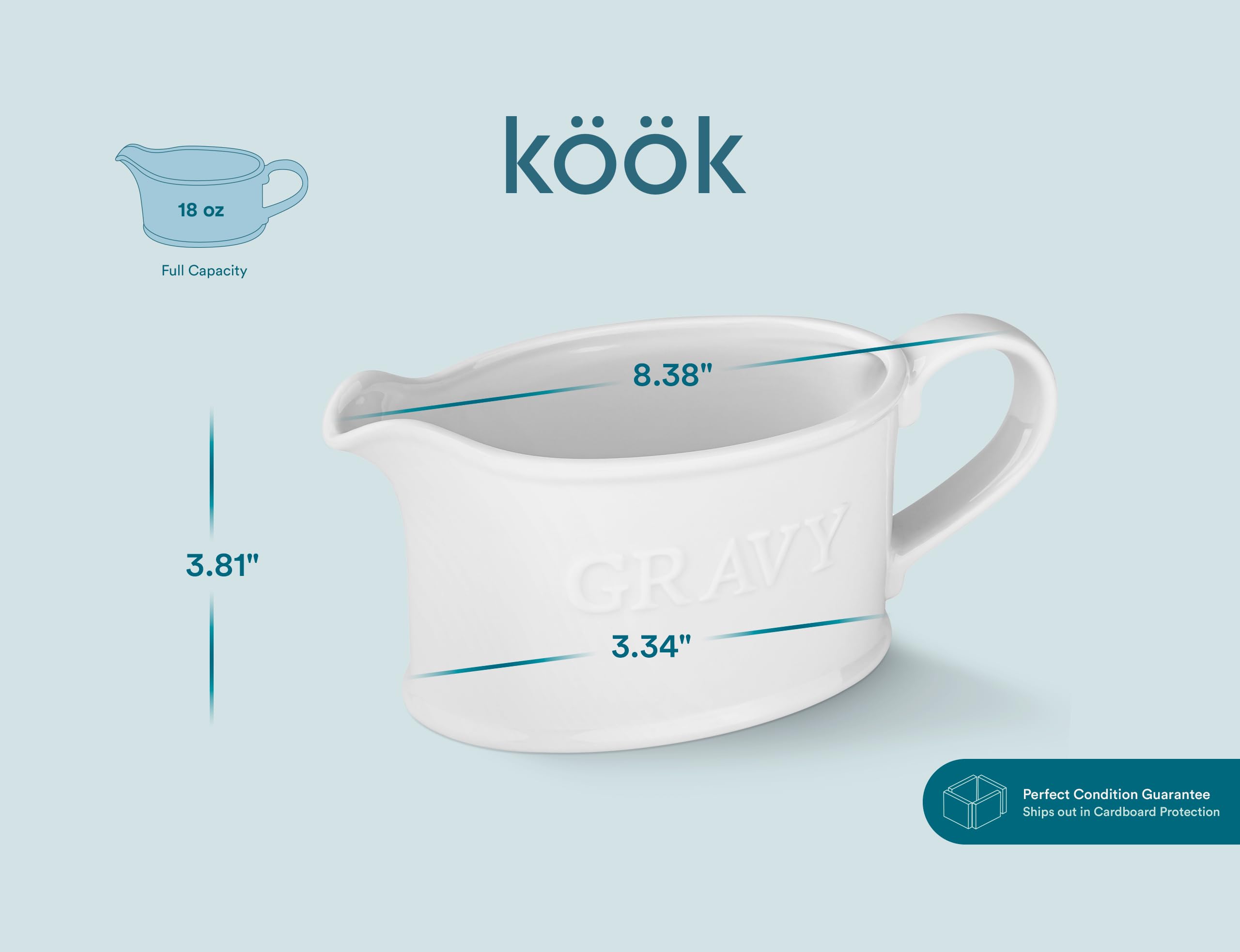 Kook Ceramic Gravy Boat with Large Handle - 18 oz White Porcelain Sauce Dispenser for Dressings, Creamer & Sauces - Microwave & Dishwasher Safe - Perfect for Holiday Dinners, Restaurants & Catering Events
