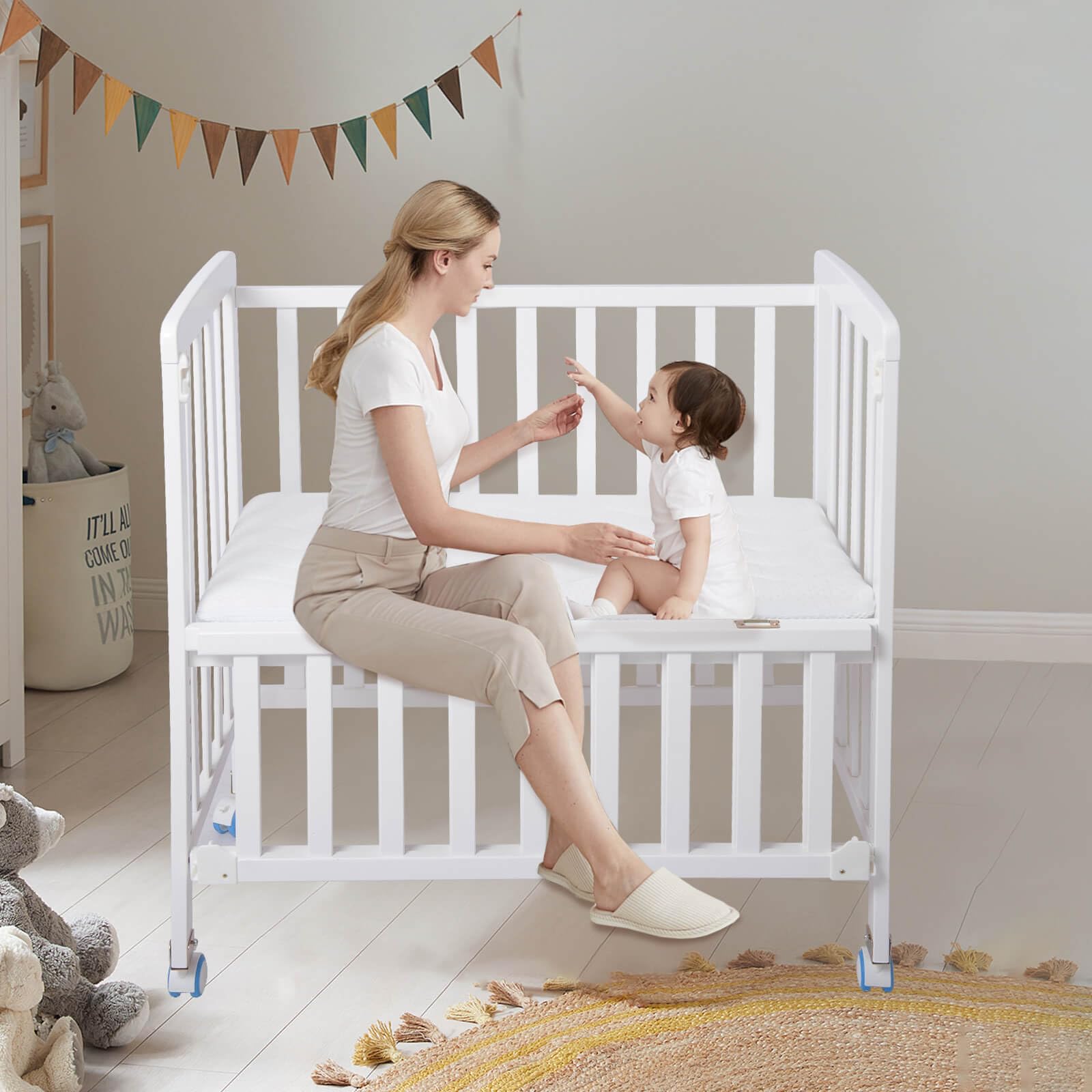 **Pine Wood Baby Bassinet Bedside Sleeper - Adjustable 6 Height Co-Sleeper Crib with Mattress for Newborns & Infants | Portable Nursery Bed for Safe Sleep, Breastfeeding & Room Sharing (White)**