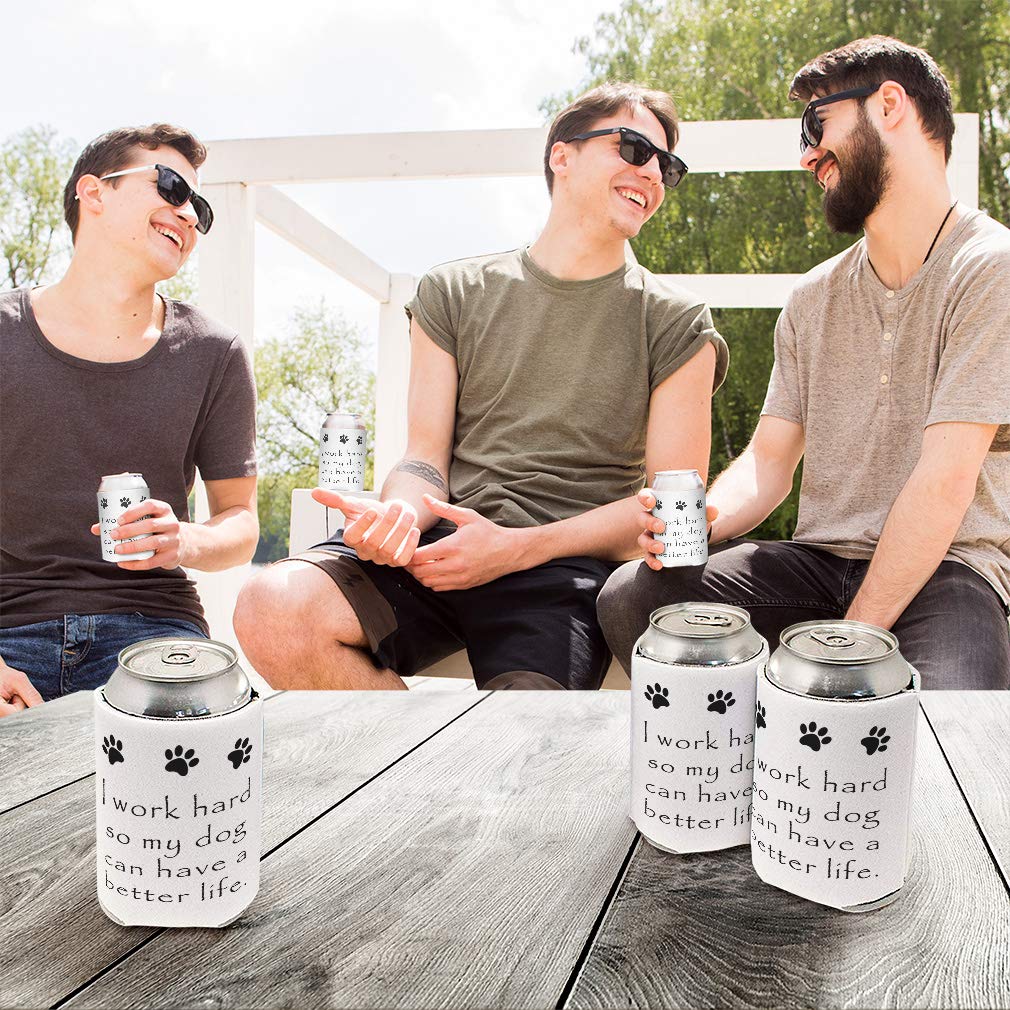 Insulated Can Sleeves for Drinks - Motivational 'I Work Hard My Dog' Design, Scuba Foam Beverage Coolers for Beer, Soda & Energy Drinks - Perfect for Office, Parties, BBQs & Outdoor Activities