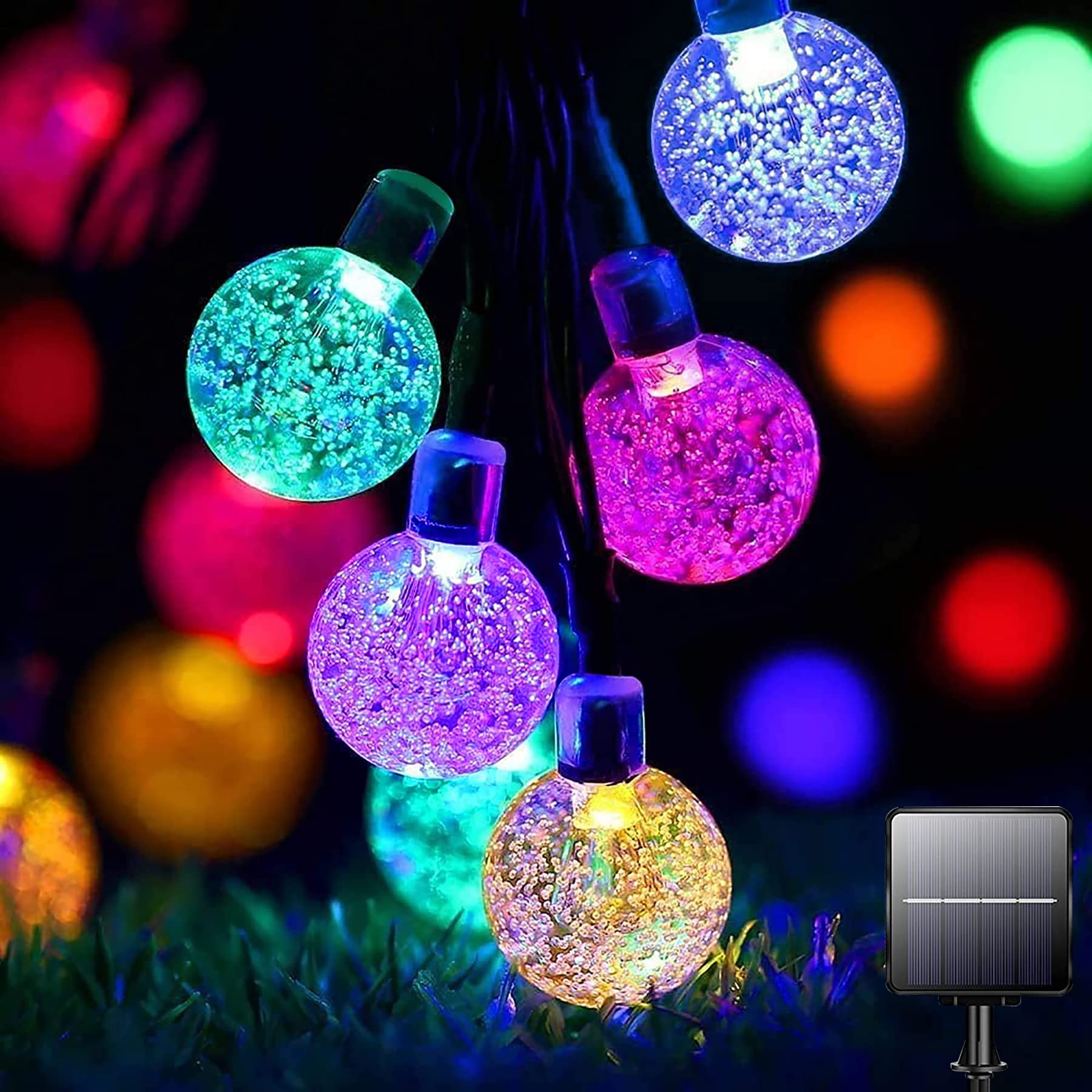 Bollengold Solar Powered 60 LED Crystal Globe String Lights - 8 Modes, 26Ft Waterproof Outdoor/Indoor Lights for Garden, Patio, Yard, Wedding, Party & Festival Decor (Multi-Colored) - Perfect for Romantic Ambiance, Holiday Celebrations & Backyard Lighting