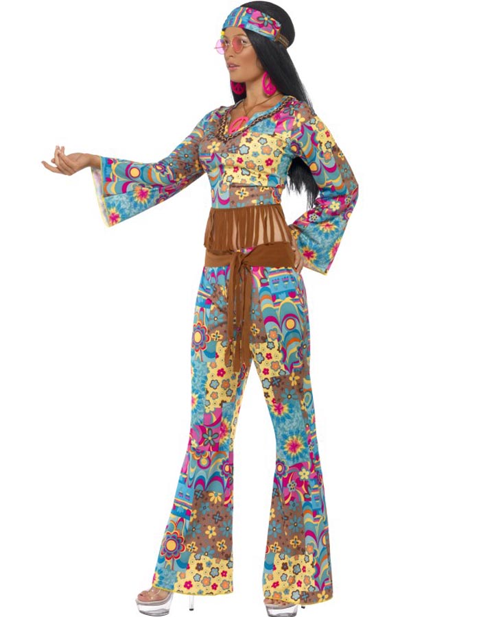 60s Hippie Flower Power Women's Costume - Vintage 1960s Hippie Outfit for Halloween, Theme Parties & Retro Events - Groovy Floral Dress with Headband & Accessories
