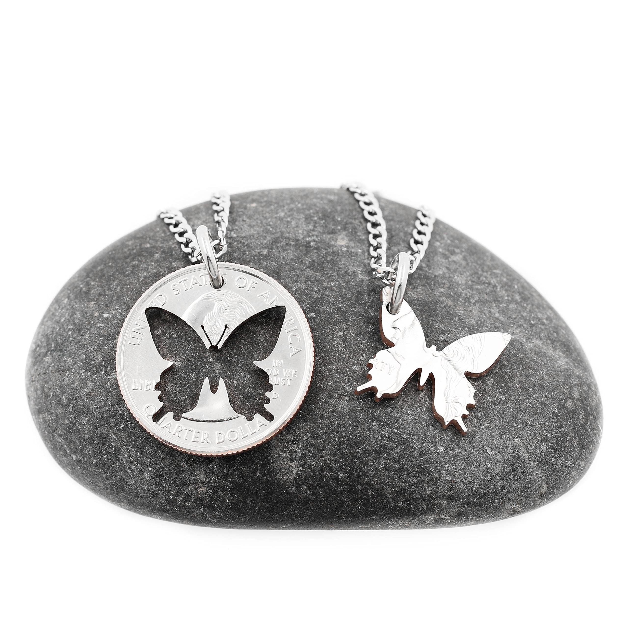 NameCoins Butterfly Jewelry Set - Matching Necklaces for Best Friends & Couples, Hand-Cut Coin Pendant, Interlocking Design - Perfect for Anniversaries, Valentine's Day & Special Occasions