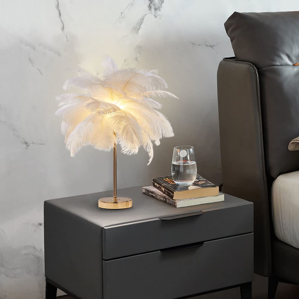 BOKT Modern Feather Desk Lamp - Dimmable Elegant Table Light with Metal Finish, Nordic Style for Bedroom, Study & Living Room | Romantic Home Decor, Bedside Nightstand Lighting