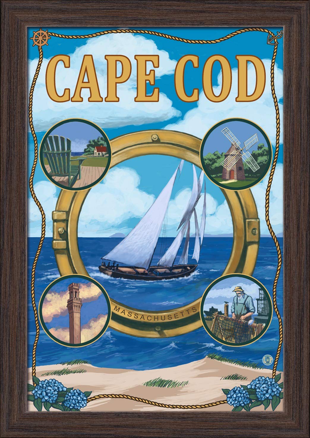 12x18 Giclee Fine Art Print of Cape Cod MA Montage Scenes in Recycled Wood Frame - Espresso Brown - Perfect for Coastal Home Decor & Beach House Wall Art