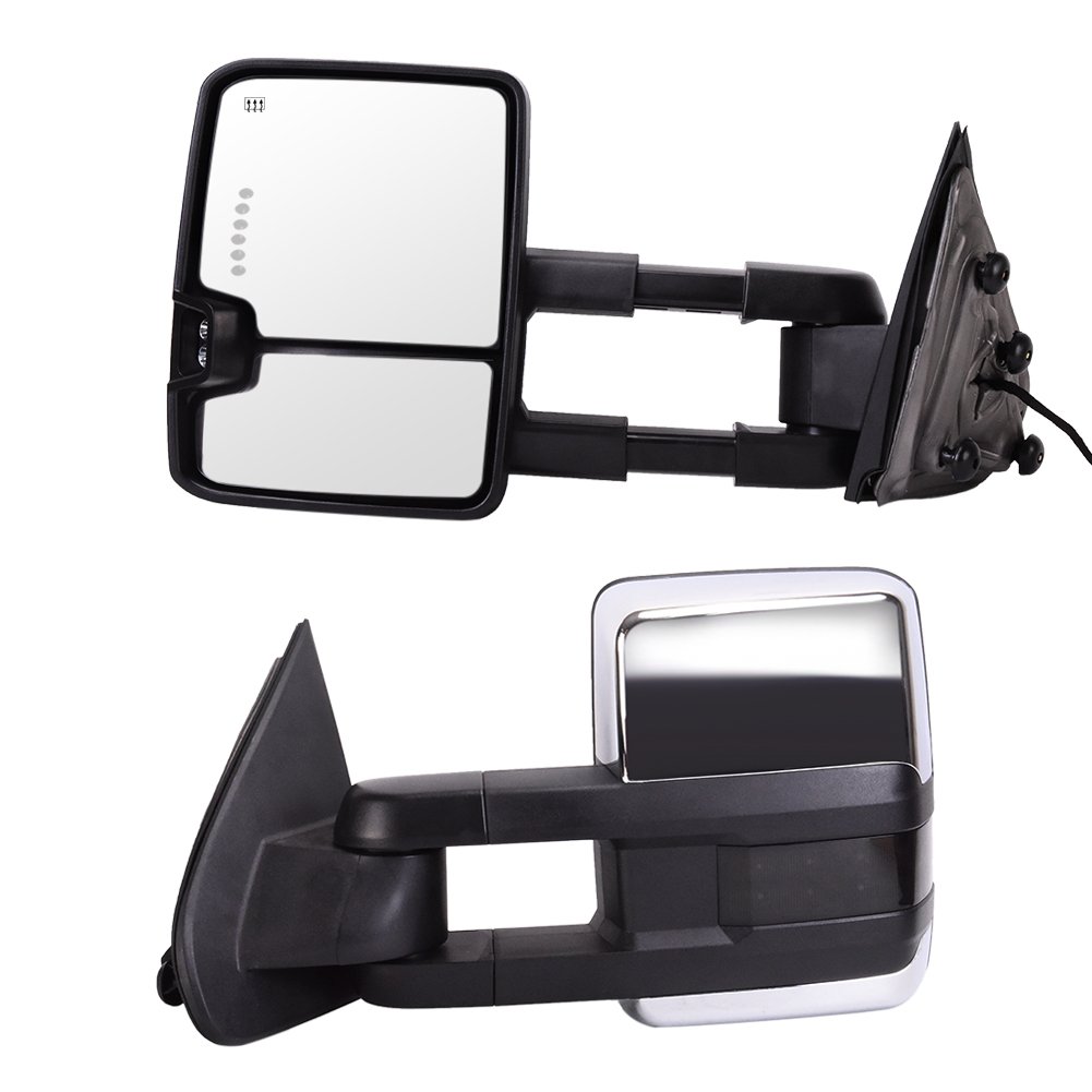 Chrome Towing Mirrors for 2015-2018 Chevy Silverado & GMC Sierra - Wide Angle Manual Extendable Heated LED Turn Signal Side Mirrors (Left & Right) with Telescoping Power & Black Housing - Perfect for Towing, Off-Roading & Enhanced Visibility