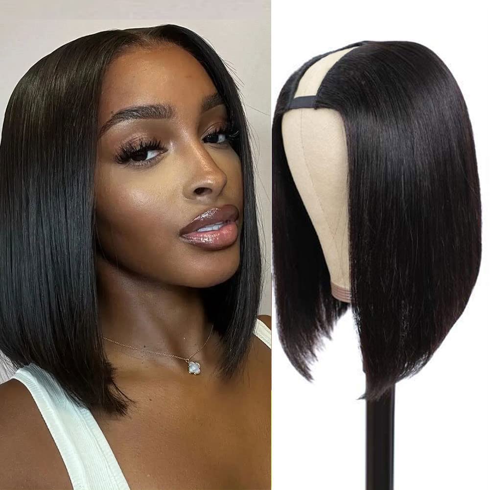 PANEWAY 12 Inch U Part Wig - Brazilian Remy Human Hair Straight Bob Wigs for Black Women | Clip-in Short Bob Human Hair Extensions in Natural Color | Perfect for Daily Wear, Parties & Special Occasions