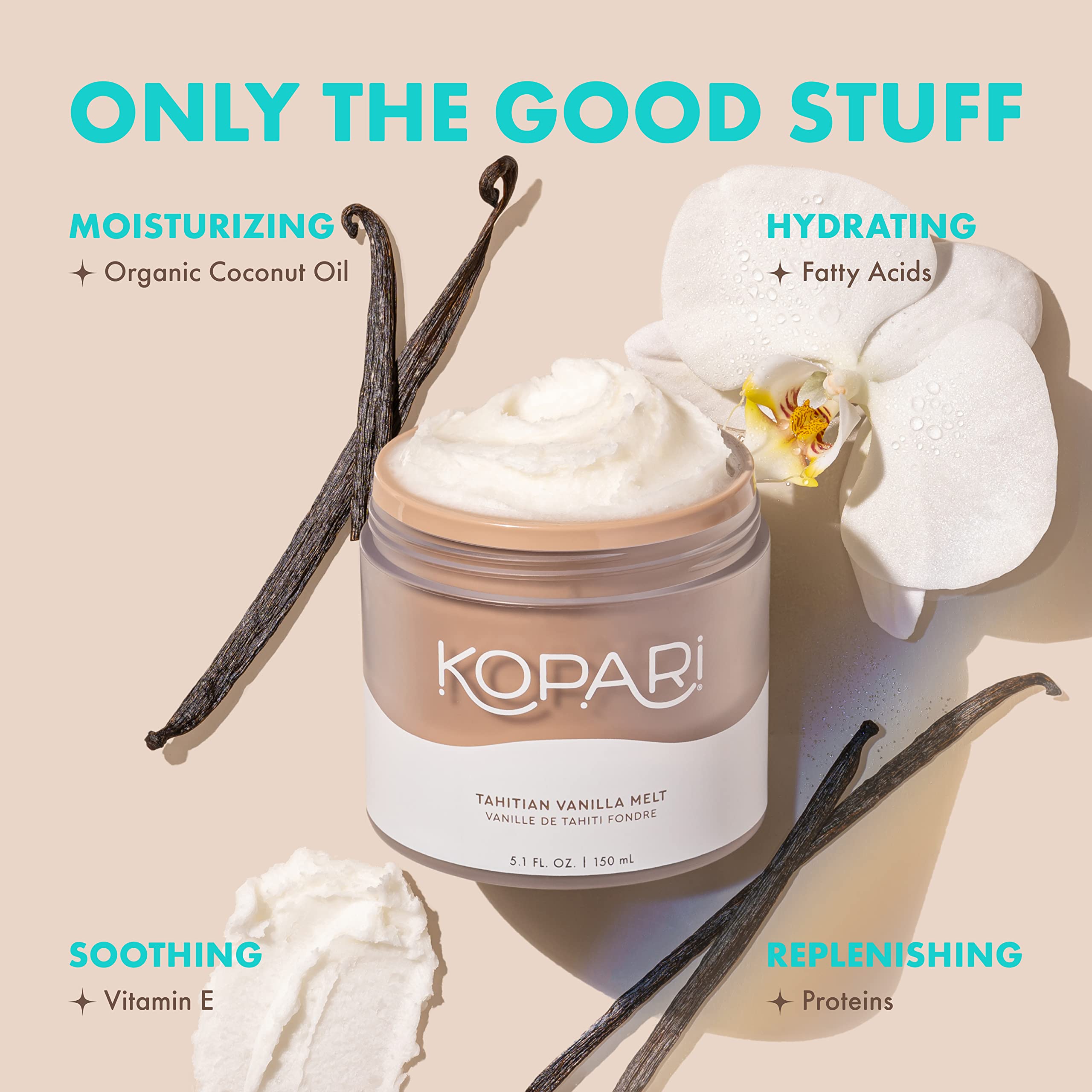 Kopari Organic Tahitian Vanilla Coconut Melt - 100% Unrefined Coconut Oil for Body, Hair & Face | Multi-Purpose Moisturizer | Clean & All Natural Skincare | 5 oz | Perfect for Dry Skin Care, Hydration & Aromatherapy