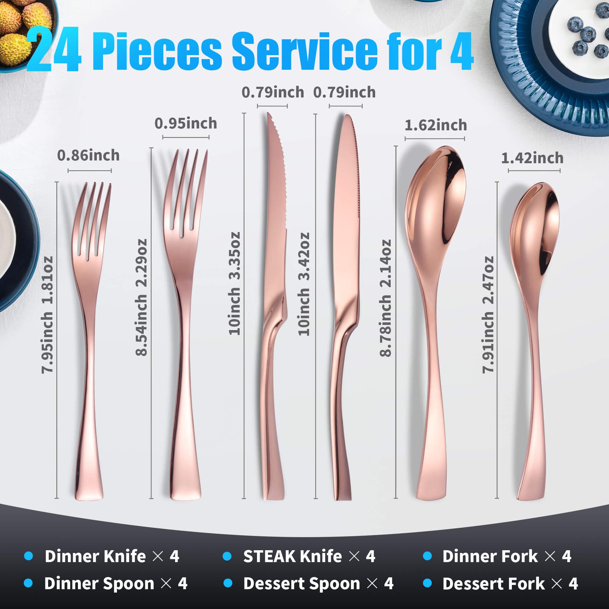 24-Piece Rose Gold Silverware Set with Steak Knives - Forged 18/10 Stainless Steel Cutlery Set for 4 - Modern Heavy Duty Flatware Utensils Set - Dishwasher Safe - Perfect for Dinner Parties, Weddings & Everyday Dining