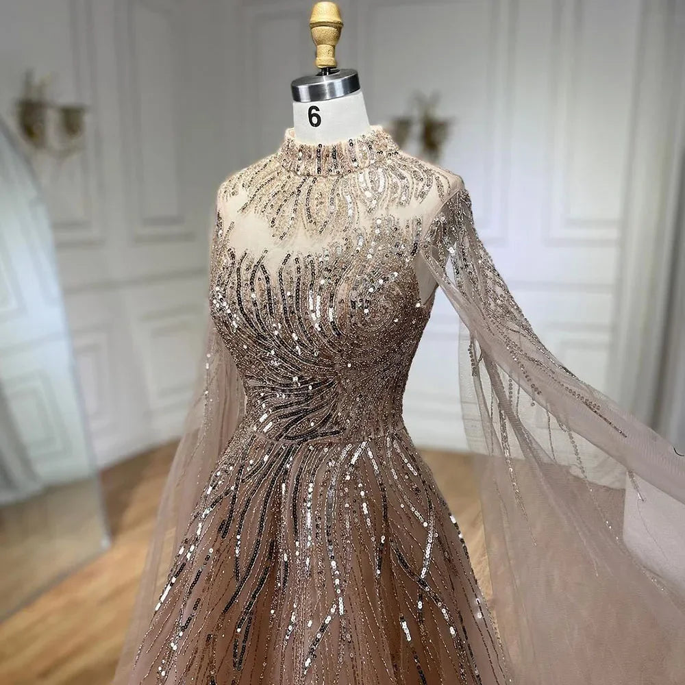 Serene Hill Caramel Luxury Evening Gown with Cape Sleeves - A-Line Beaded Lace Wedding Dress for Women | 2025 LA72386 | Perfect for Formal Events, Bridal Parties & Red Carpet Occasions