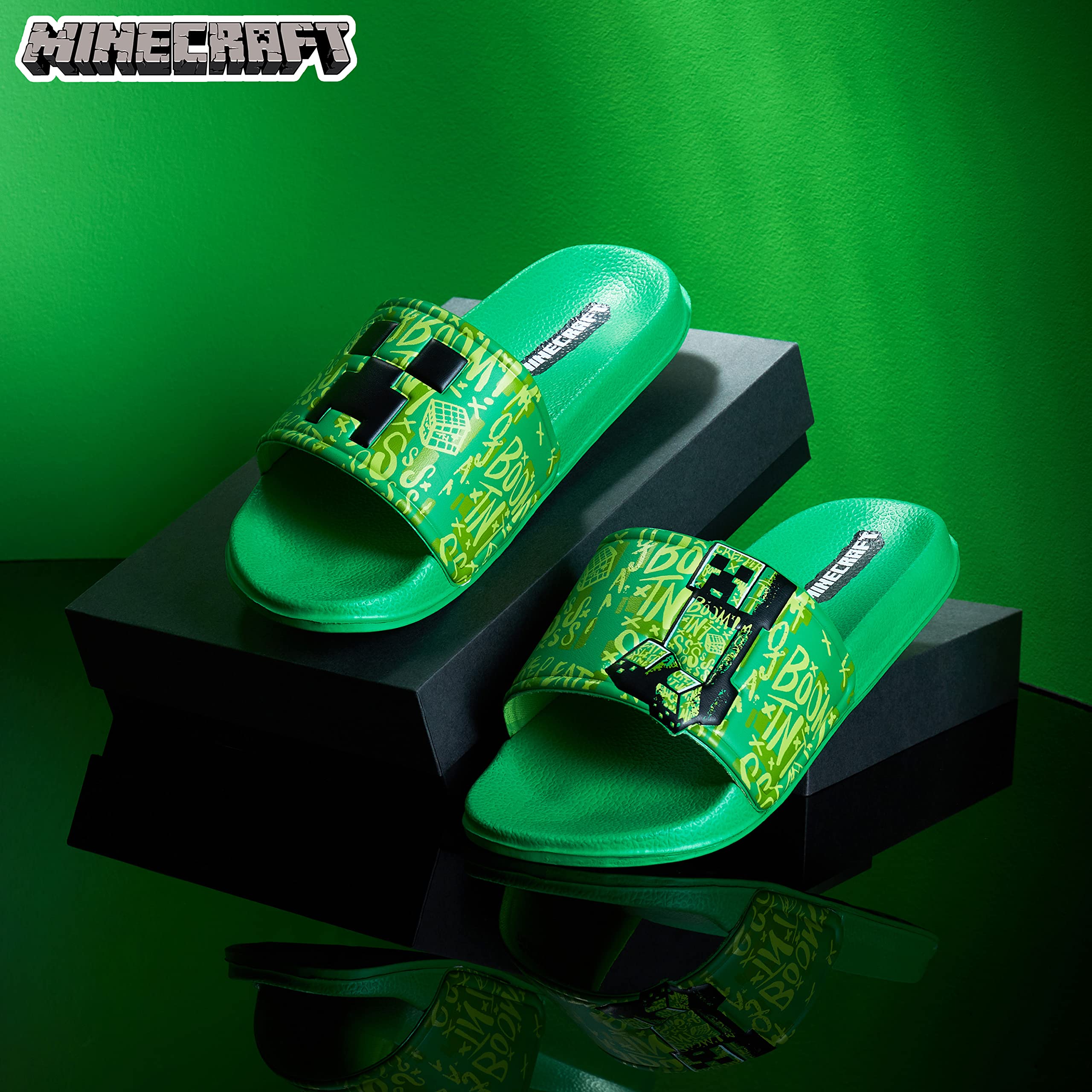 Minecraft Boys Slides & Flip Flops - Comfortable Beach & Pool Sandals for Kids - Perfect Summer Gifts for Boys - Great for Swimming, Vacation & Outdoor Play