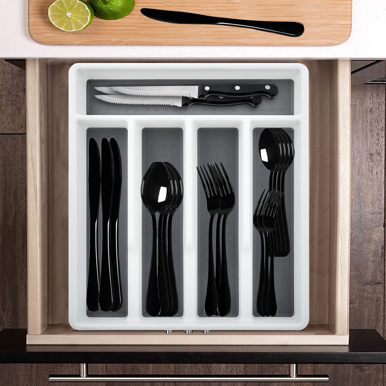 HaWare 49-Piece Stainless Steel Flatware Set with 8 Steak Knives & Drawer Organizer - Mirror Polished Black Silverware for 8 Place Settings - Dishwasher Safe Modern Cutlery Set - Perfect for Dinner Parties, Restaurants & Everyday Dining