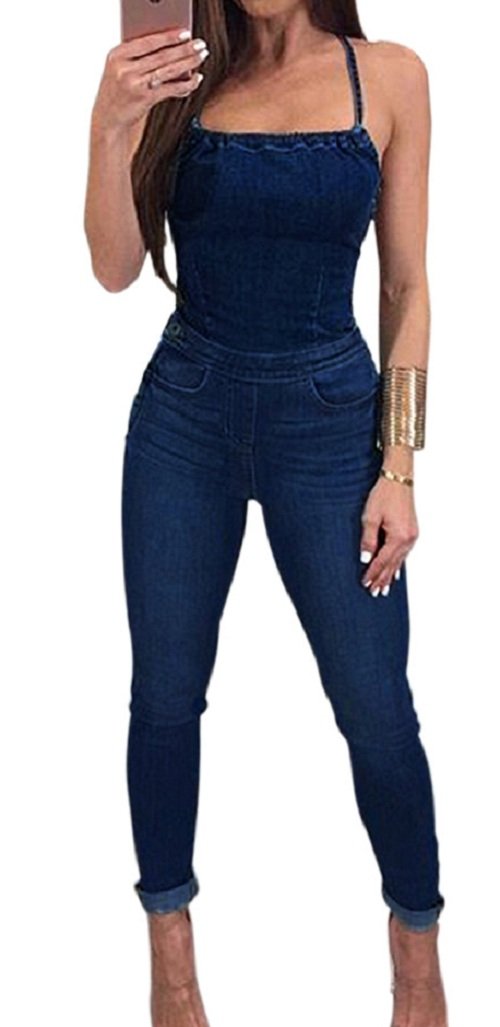 Sorrica Women's Sexy Spaghetti Strap Backless Washable Denim Romper Jumpsuit - Summer Beach Party Outfit, Casual Streetwear, Clubwear & Vacation Dress