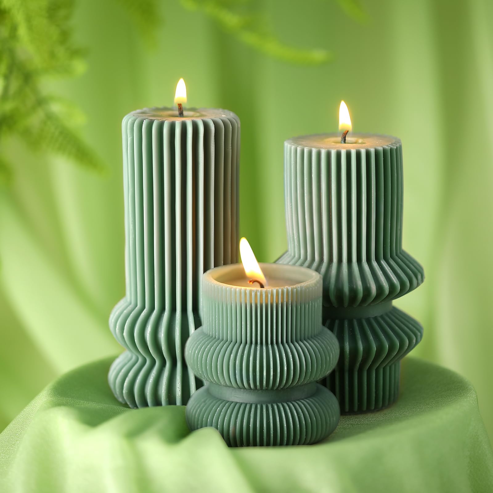 MTLEE 3-Pack Scented Soy Wax Pillar Candles - Ribbed Geometric Design, 4.7/4.2/3.2 Inch Height, Sage Scent - Modern Home Decor for Living Room, Bathroom, Wedding & Relaxation Aromatherapy