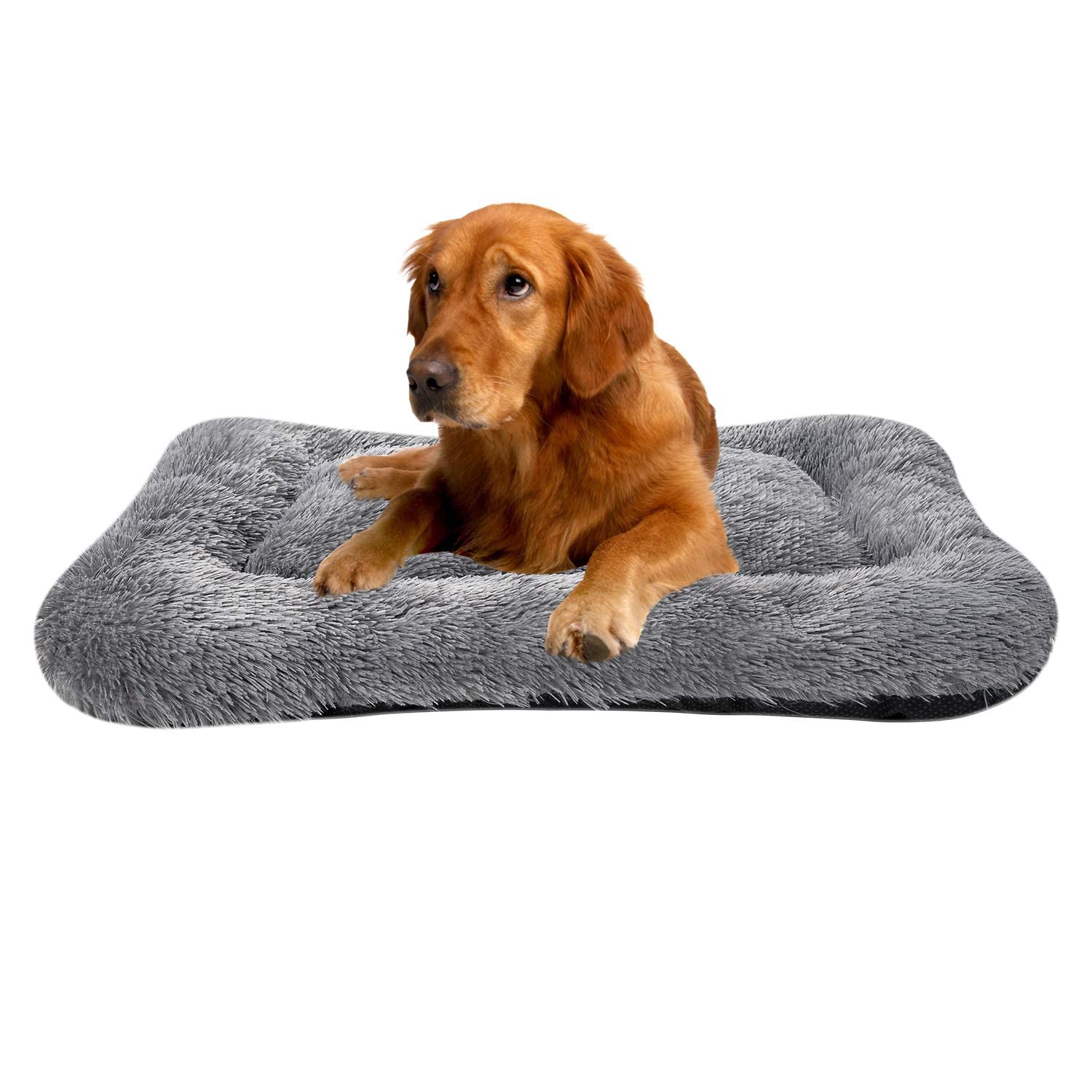 Poohoo Soft Plush Dog Bed - Washable & Non-Slip Crate Mat for Medium & Large Dogs | Grey Pet Cushion with Comfortable Support | Perfect for Crates, Kennels & Home Use