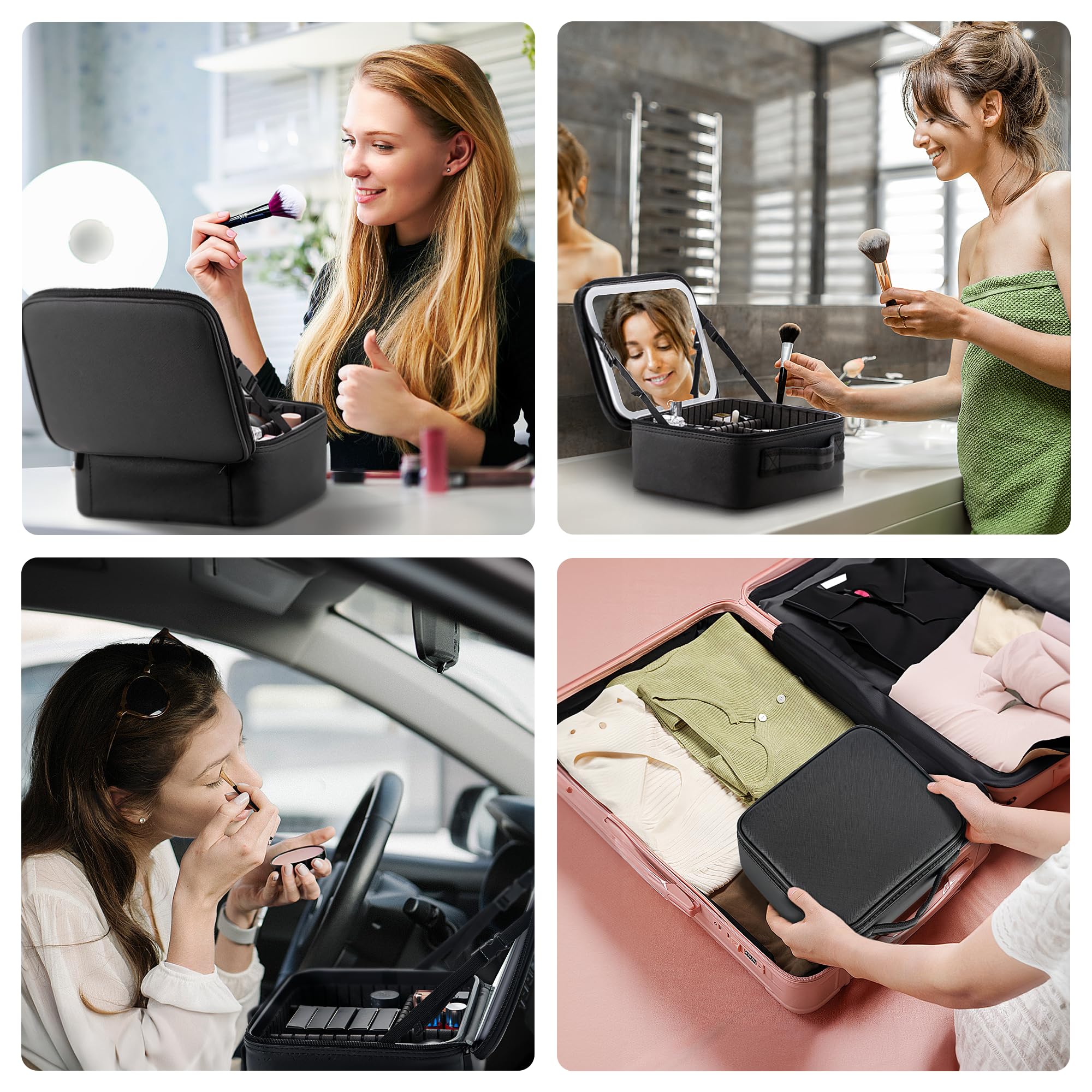 LED Travel Makeup Bag with 10x Magnifying Mirror - Adjustable Dividers Cosmetic Organizer Case with 3 Lighting Modes & Brightness Control - Perfect for Women's Beauty Essentials On-The-Go (Black) | Ideal for Travel, Home Vanity & Professional Makeup Artists