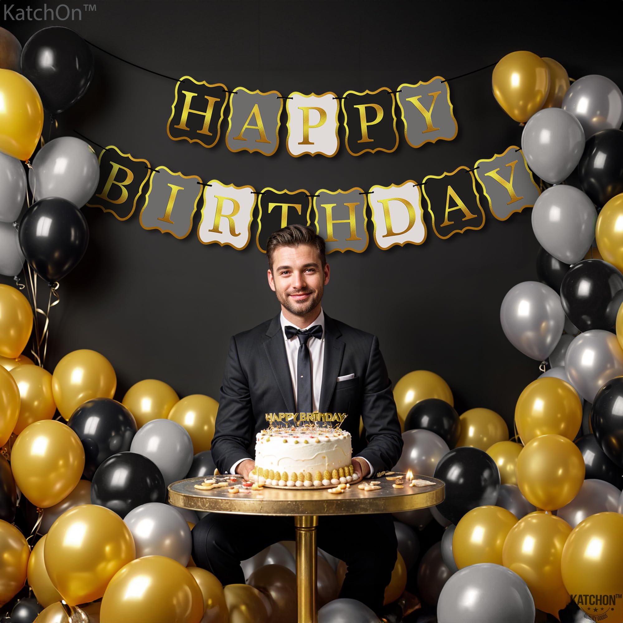 KatchOn 10ft Black & Gold Happy Birthday Banner - Premium Party Backdrop Sign for Birthday Decorations | Perfect for Indoor & Outdoor Celebrations, Photo Booths, and Festive Events