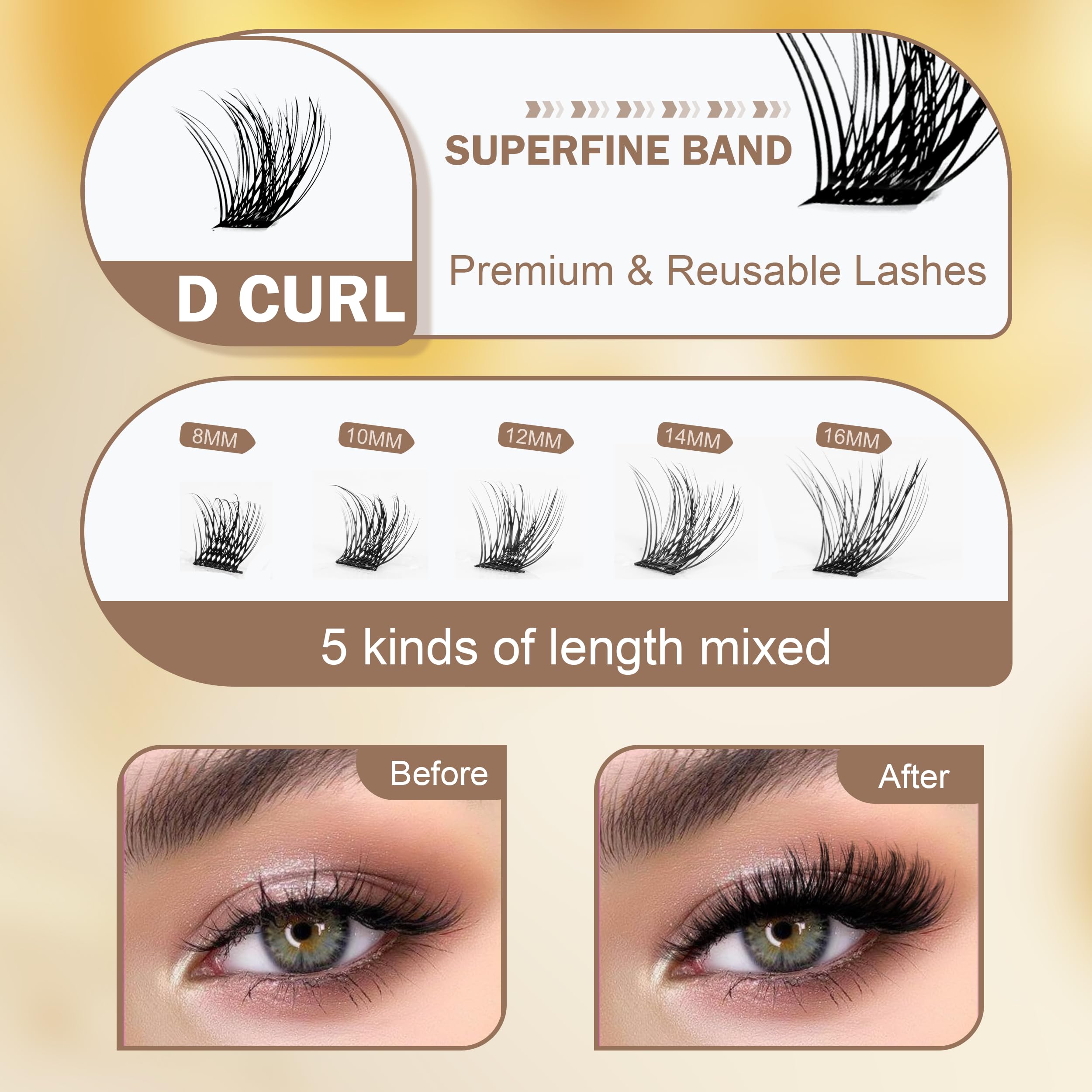 110Pcs D Mix Curl 8-16mm Individual Lash Extensions Kit with Bond Glue, Sealant & Makeup Remover - Professional DIY False Eyelash Clusters Set for Beginners, Includes Tweezers for Natural Look - Perfect for Home Use, Parties & Special Occasions