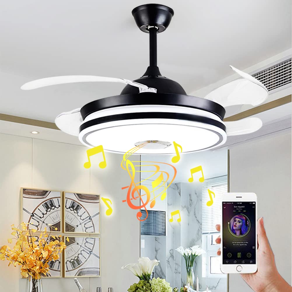 42 Inch Smart Bluetooth Ceiling Fan with LED Light - 7 Color Dimmable Lighting, Retractable Blades, Remote Control - Modern Black Fandalier Chandelier for Living Room, Bedroom, Kitchen & Dining Room | Perfect for Home Cooling & Stylish Decor