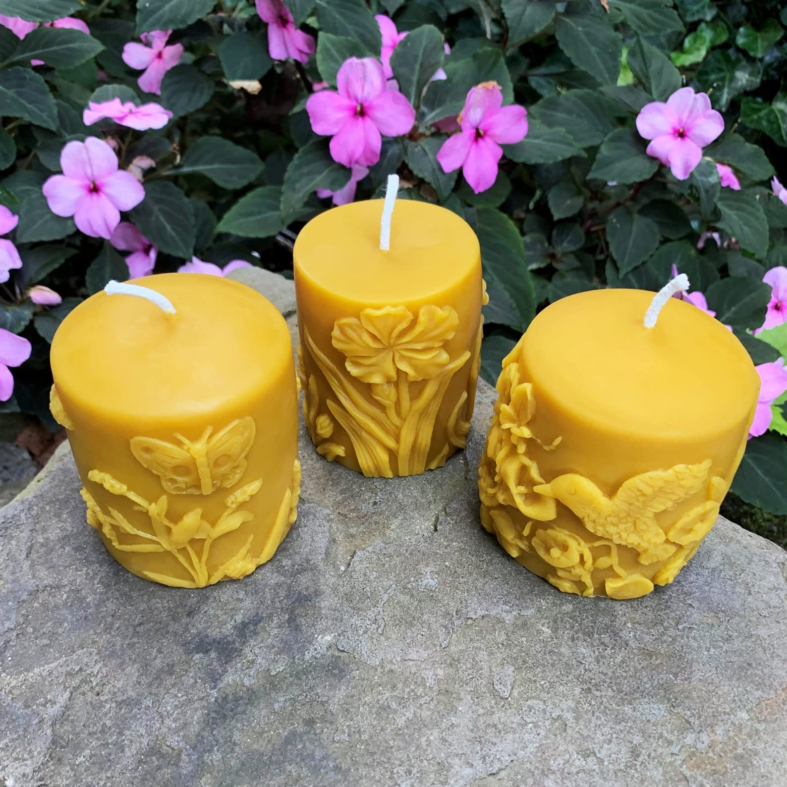 100% Pure Beeswax Pillar Candle Set - Natural Honey Scented Candles with Butterfly, Hummingbird & Flower Designs (Set of 3) | Spring Home Decor, Romantic Gifts for Mom, Wedding Centerpiece & Aromatherapy