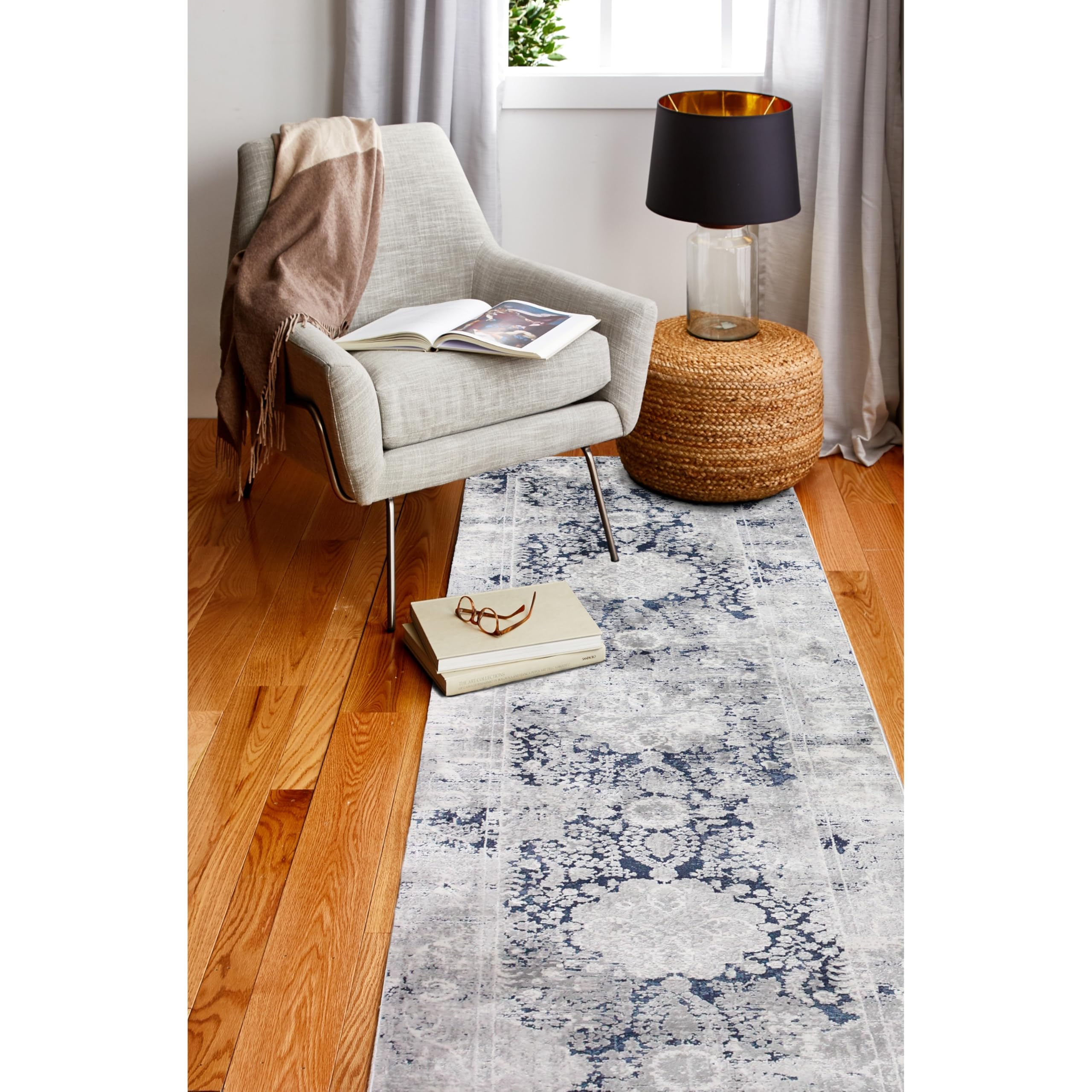 Bashian Collection 5' x 7.6' Grey Blue Area Rug - Luxury Power Loom Polyester Runner Rug for Entryway, Living Room, Bedroom - Soft Non-Slip Home Decor for Modern Housewarming Gift