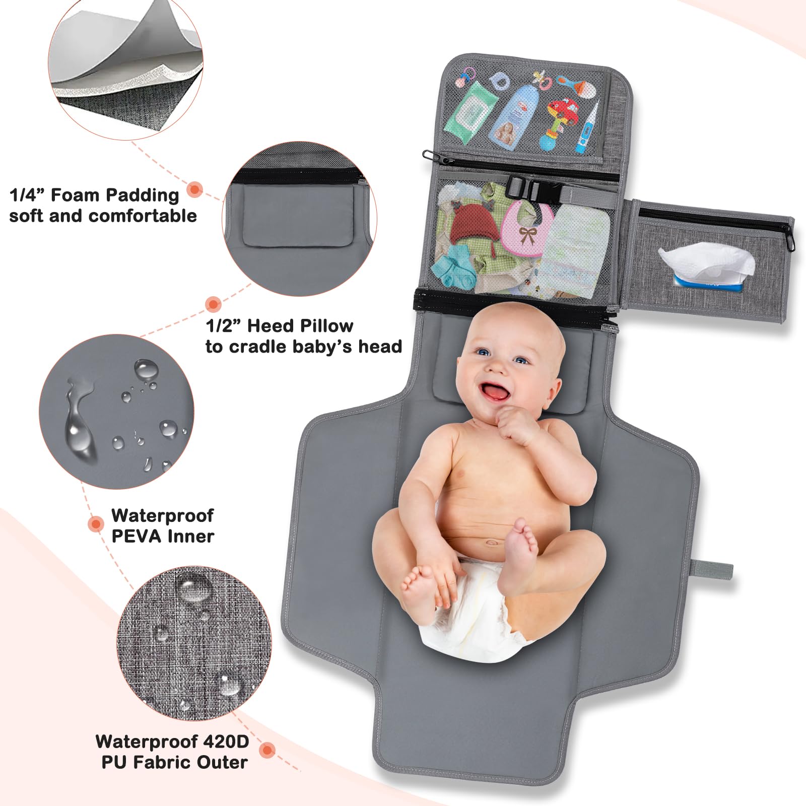 Portable Waterproof Diaper Changing Pad for Newborns & Babies - Travel-Friendly Baby Changing Mat with Smart Wipes Pocket - Ideal Baby Shower Gift for Boys & Girls (Grey) | Perfect for On-the-Go Parents, Travel, Home Nursery & Daycare Use