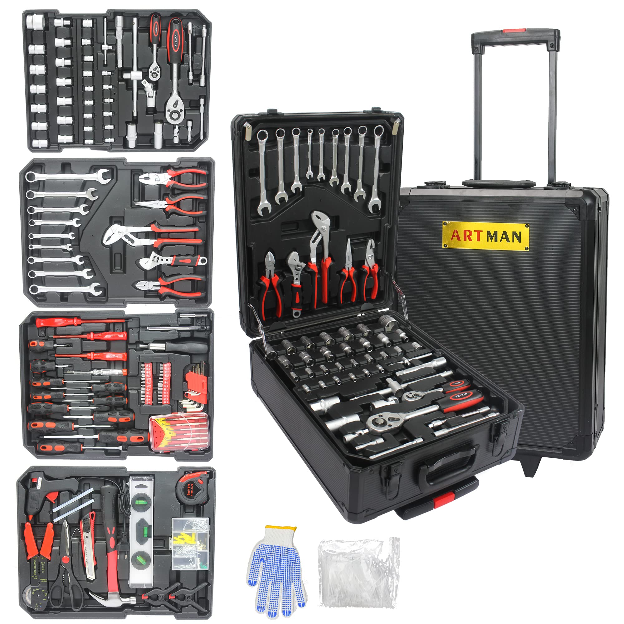 899-Piece Household & Auto Repair Tool Kit with Rolling Tool Box - Complete Mechanic Tool Set for Home, Garage & DIY Projects - Black