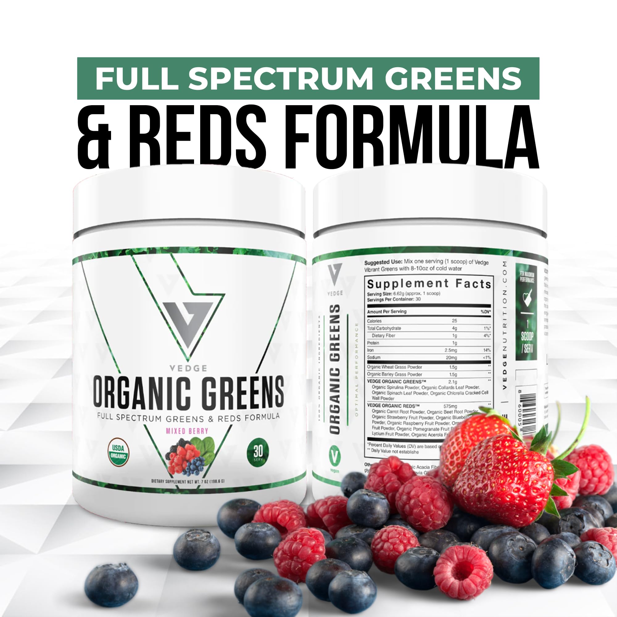 Organic Greens Superfood Powder by Vedge Nutrition - Vegan, Plant-Based Drink Mix for Energy, Antioxidants & Recovery - Full Spectrum Greens Supplement for Athletes & Active Lifestyles - Mixed Berry Flavor (30 Servings) - Perfect for Post-Workout Recovery & Daily Nutrition Boost