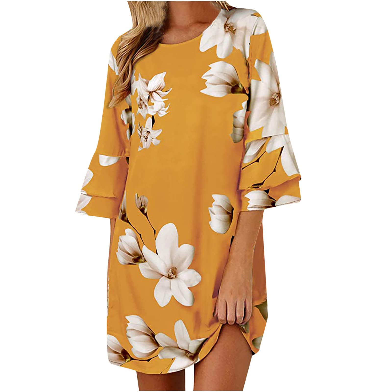 NGTEVOOS Women's Sexy Floral Mini Dress - Elegant Magnolia Print, Ruffle Short Sleeve, Slim Fit Casual Summer Dress for Beach, Party, Date Night & Vacation