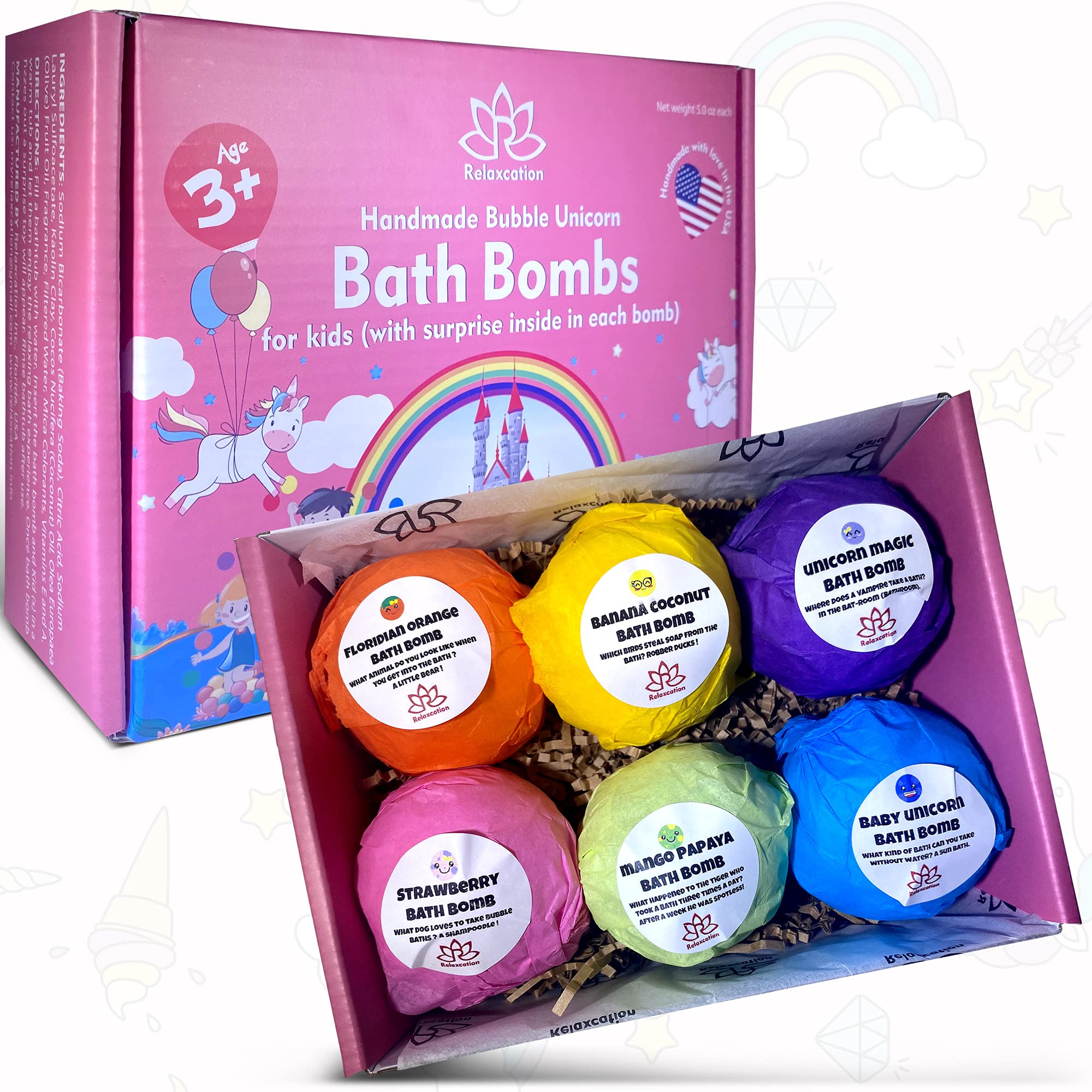 Unicorn Bath Bombs for Kids with Surprise Toys Inside - Includes Cute Ring, Keychain, Necklace & Bonus Purse | Handmade Easter Gift Set for Girls | Fun Bath Time & Birthday Party Favors