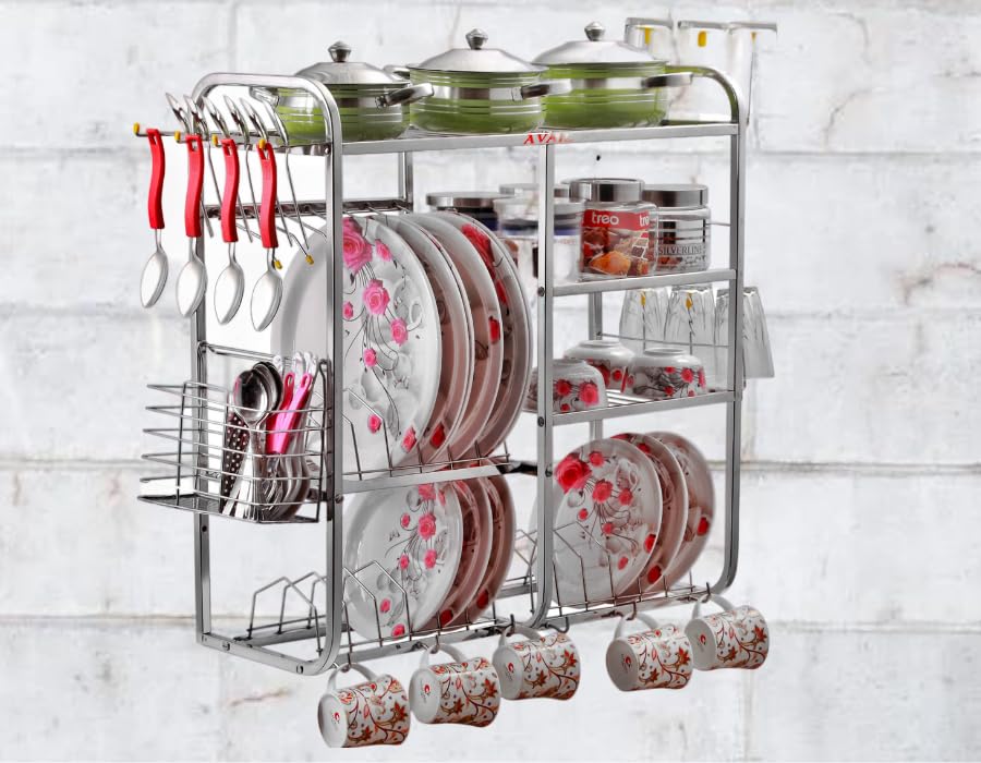 Stainless Steel Wall Mount Dish Rack - Modern Cutlery Storage Organizer with Plate Holder | 24x24 Inch Kitchen Shelves for Utensil & Dish Drying | Perfect for Small Kitchens, Apartments & RV Use