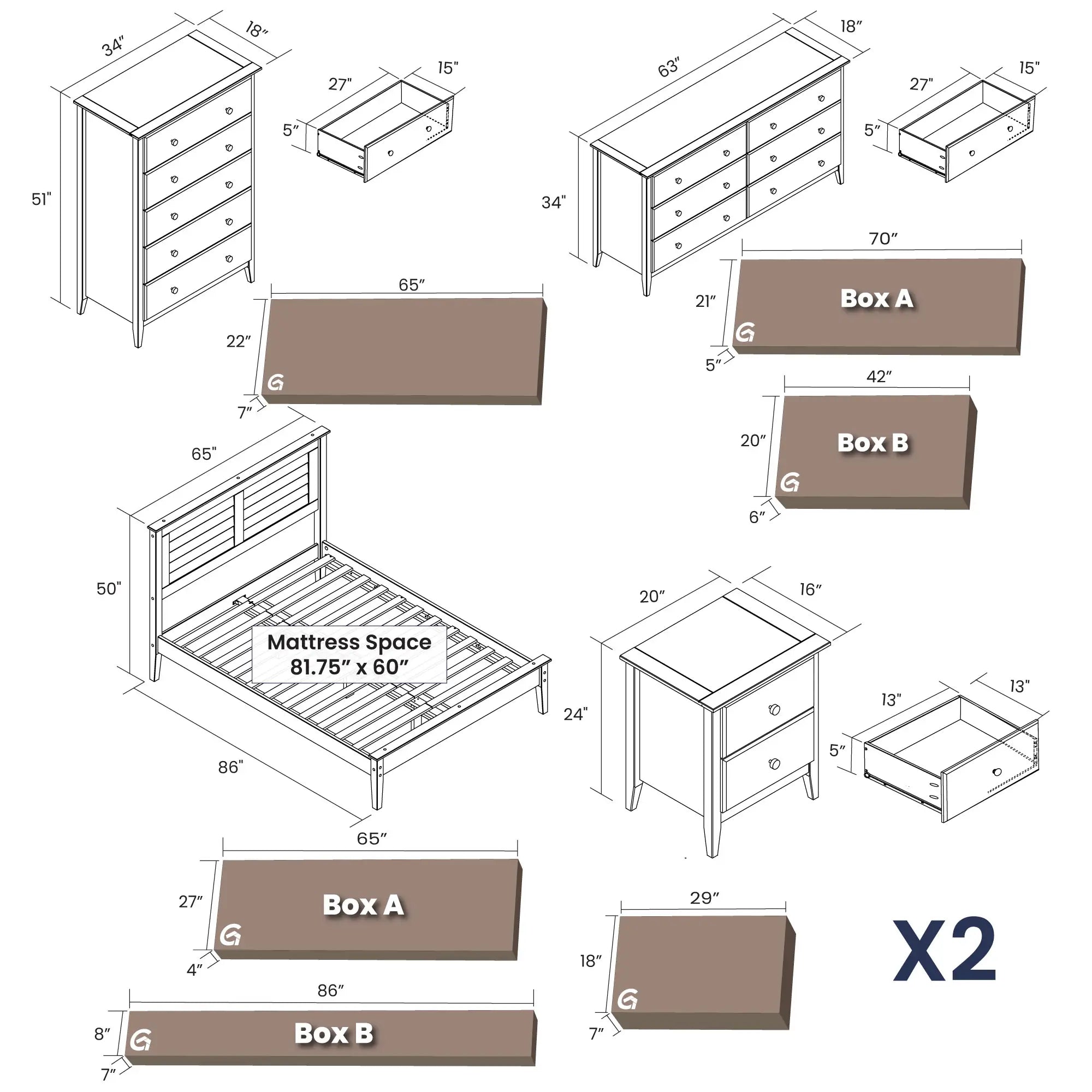 Greenport 5-Piece Bedroom Set - Queen Size Bed Frame, Nightstand, Dresser & Mirror - Modern Farmhouse Furniture for Master Bedroom or Guest Room