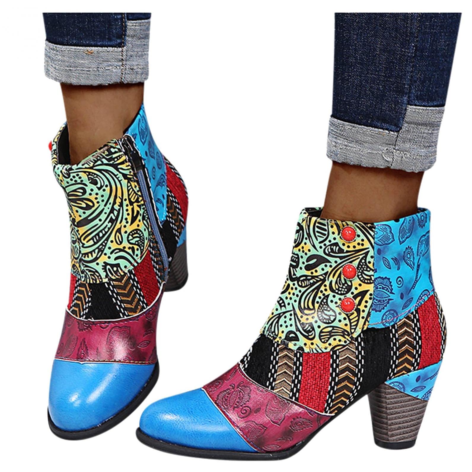 Eduavar Women's Bohemian Chunky Mid Heel Ankle Booties - Pointed Toe Casual Western Short Boots for Fall & Winter Outfits | Perfect for Office, Date Night & Weekend Wear