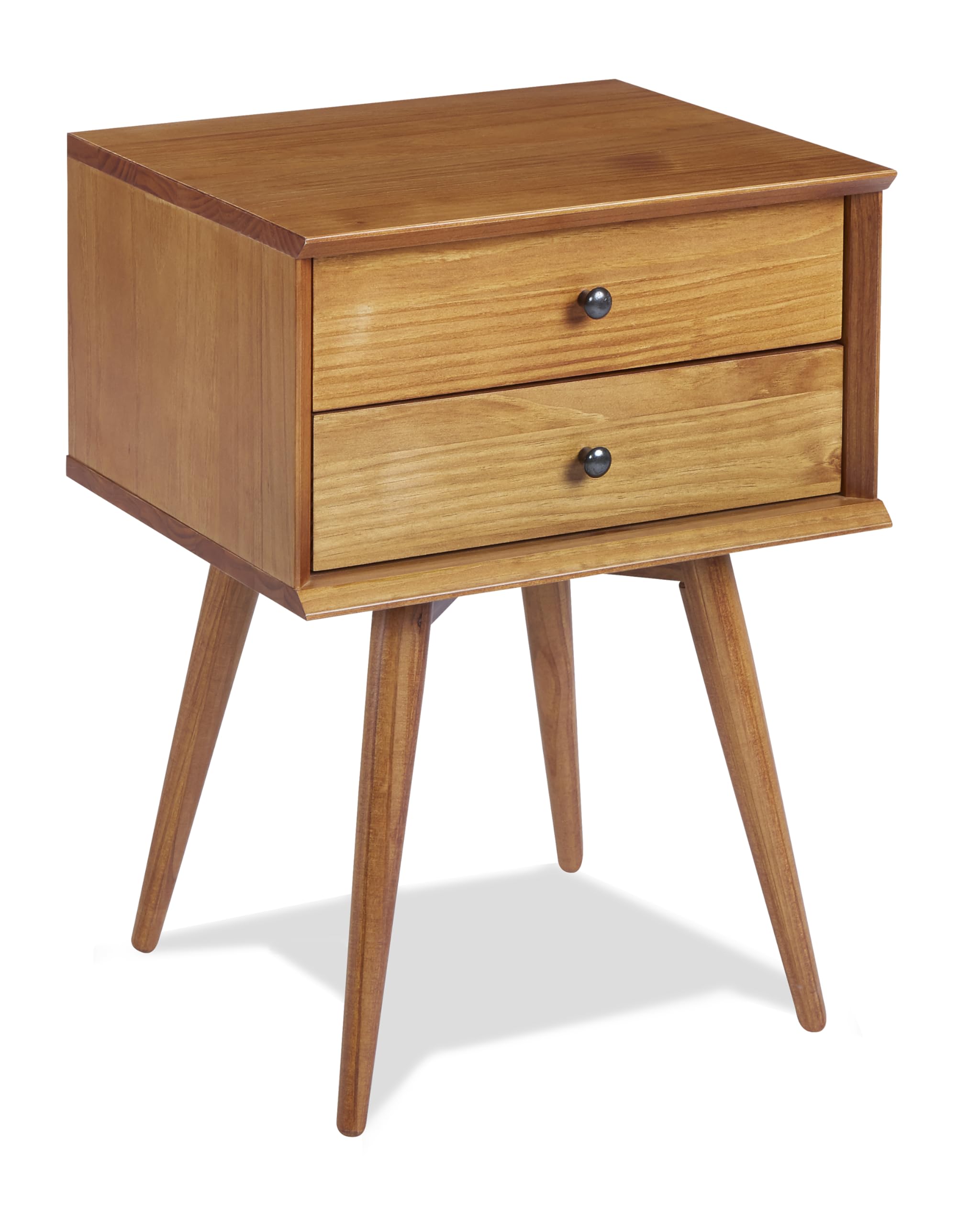 Vintage Mid Century Modern 2-Drawer Wood Nightstand - Solid Oak End Table with Storage for Bedroom, Living Room & Office - Compact Side Table (Chestnut Brown) - Perfect for Small Spaces, Apartments & Guest Rooms