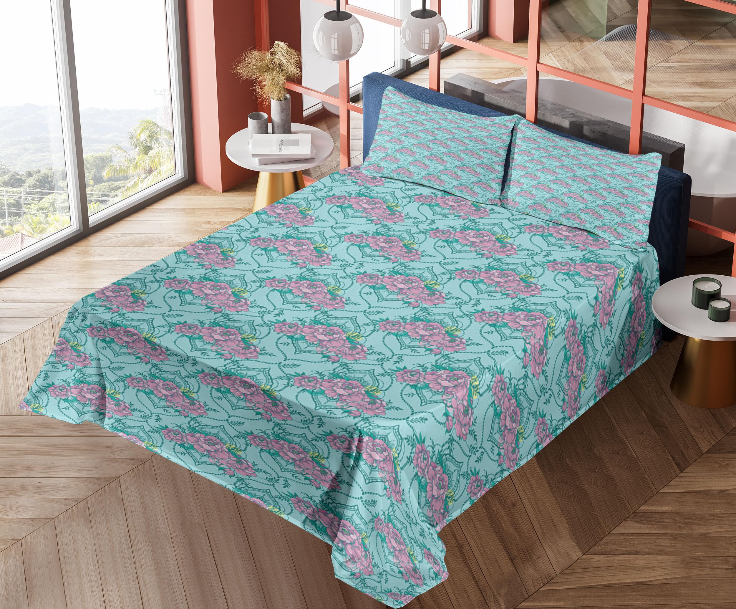 Ambesonne Floral King Size 4-Piece Sheet Set - Peony Design on Teal Blue Background, Soft Bedding with Fitted Sheet, Flat Sheet & 2 Pillowcases (Fuchsia & Teal) | Perfect for Spring Decor, Master Bedroom, Guest Room & Cozy Home Styling