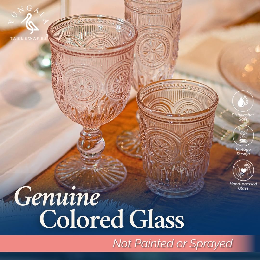 Yungala Pink Glassware Set - 4-Piece Pink Wine Glasses, Highball Glasses & Small Cups with Sunflower Embossing - Elegant Purple Glassware Collection for Wine Tasting, Cocktail Parties & Home Decor