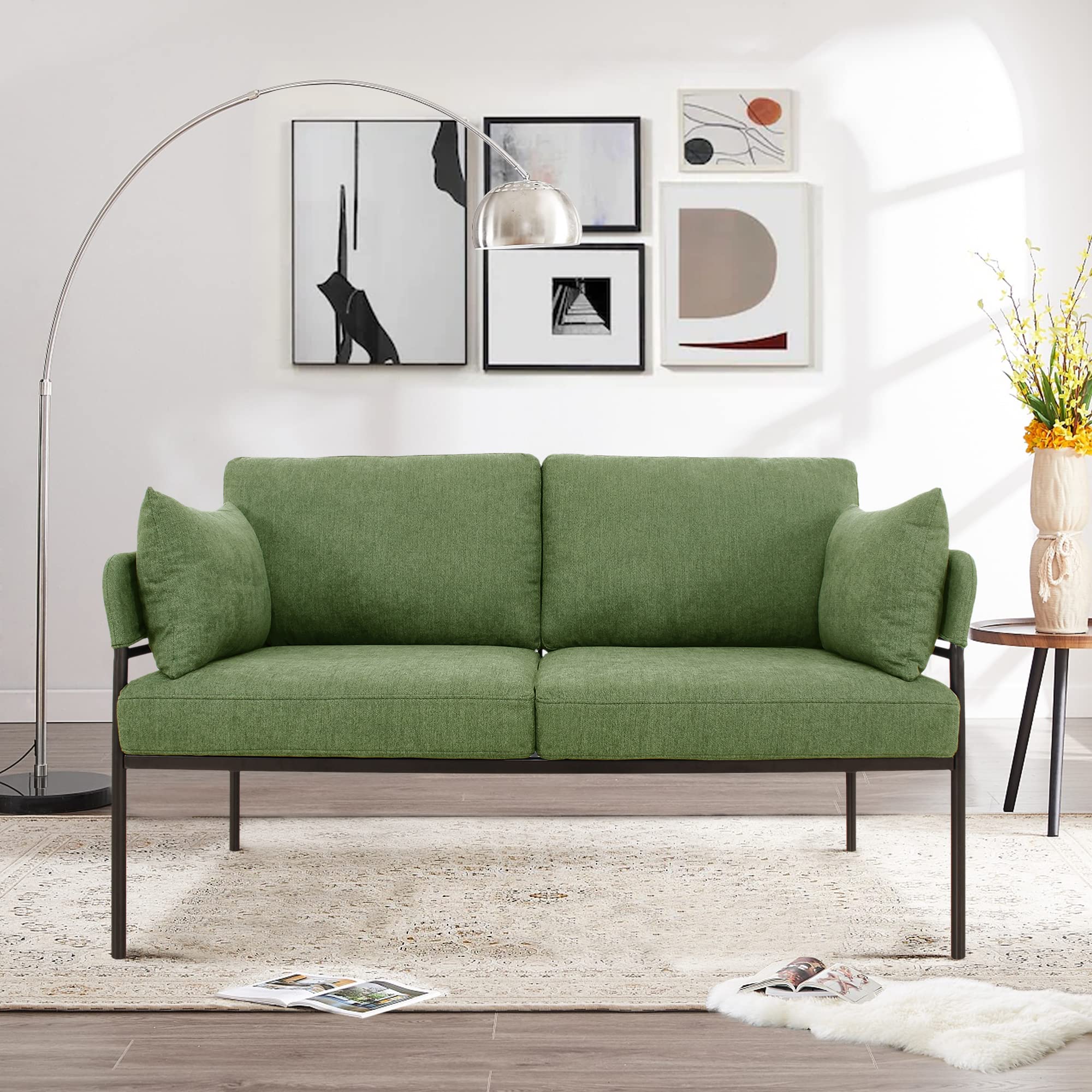 Orisfur Linen Loveseat Sofa - Small 2-Seater Upholstered Couch with Pillows for Living Room, Bedroom, or Apartment (Green) | Comfortable & Space-Saving Furniture