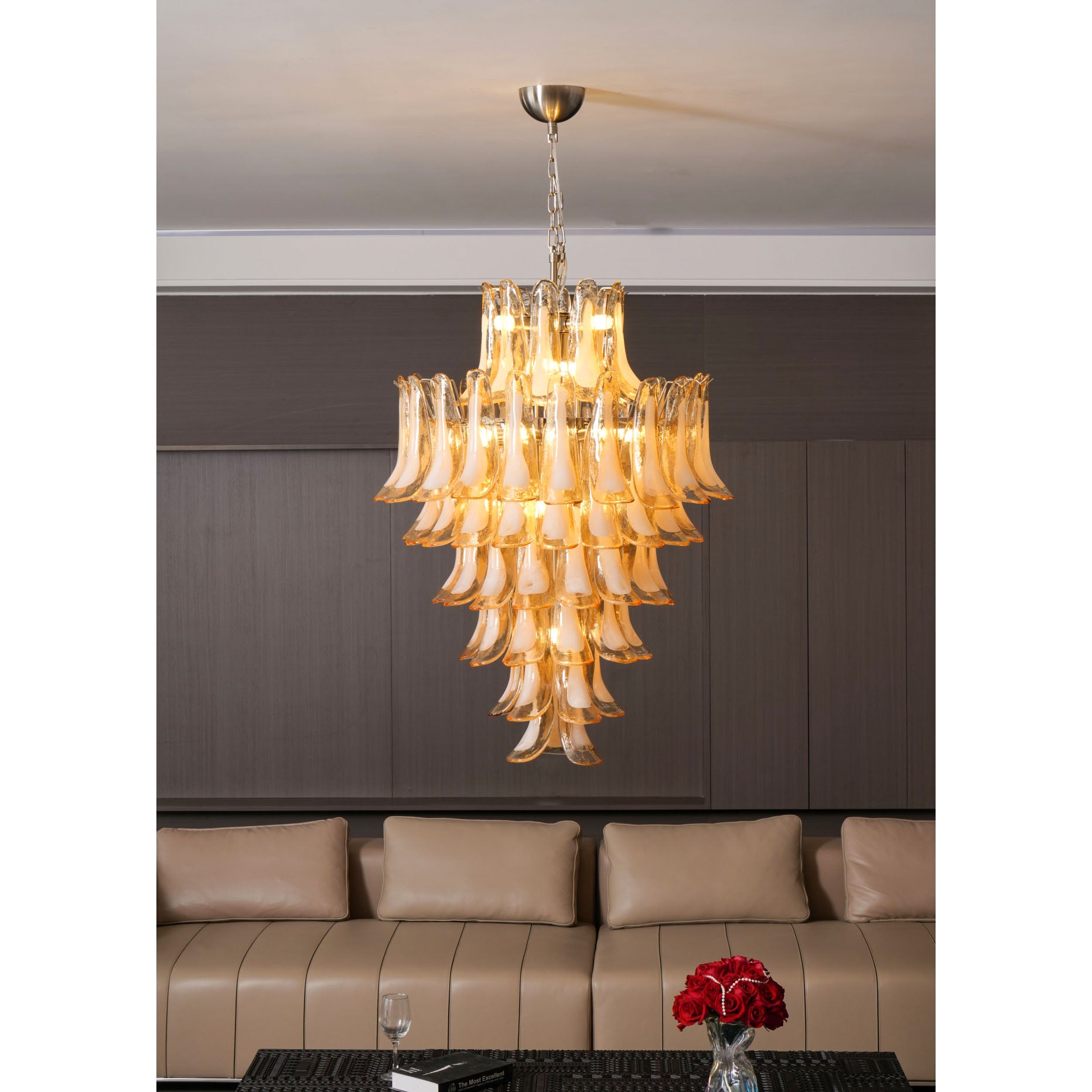 Elegant Amber Cloud Murano Glass Petal Chandelier - Handcrafted Italian Glass Ceiling Light Fixture for Dining Room, Living Room & Bedroom Decor