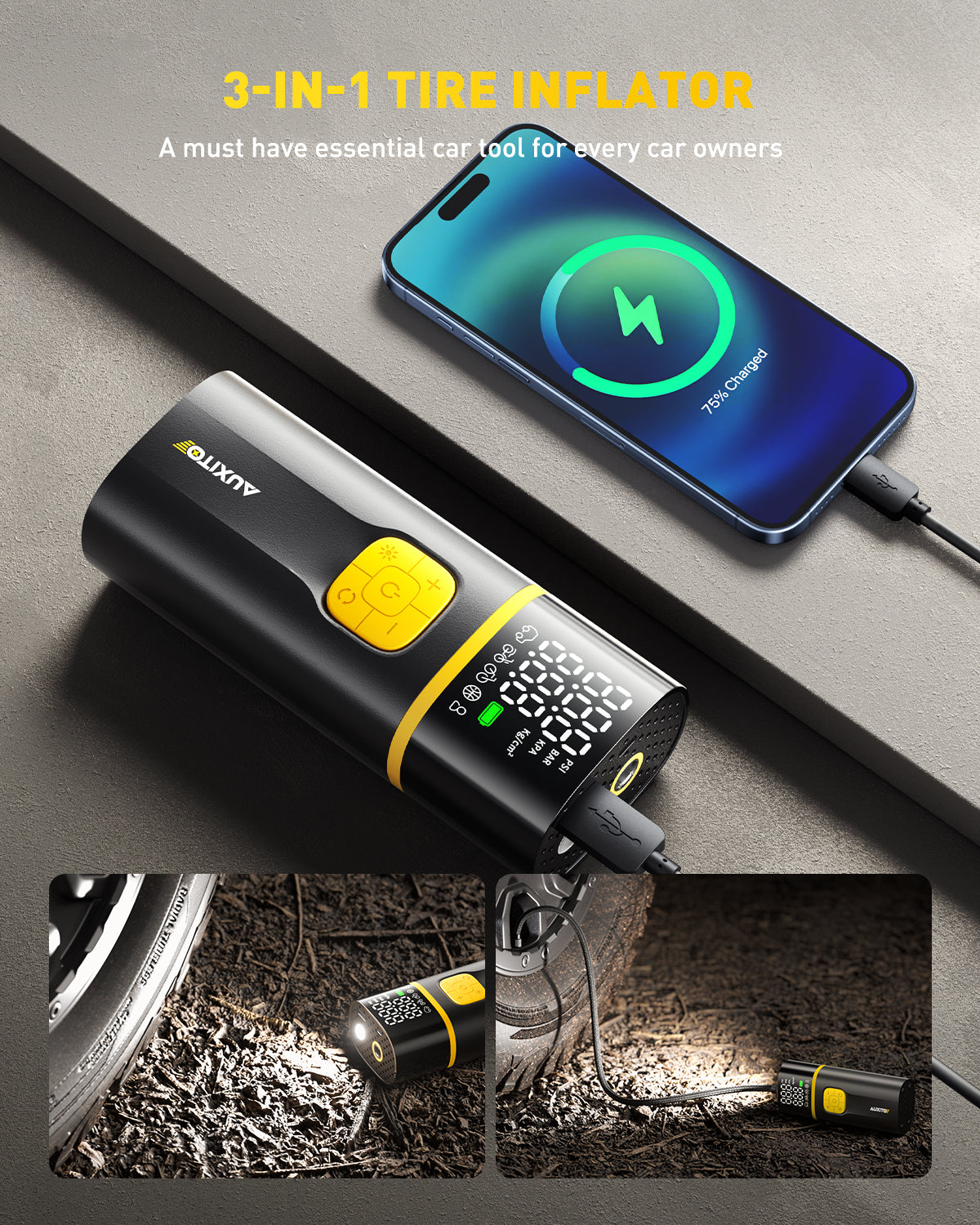 AUXITO A502 Portable Tire Inflator with 7800mAh Battery - Fast Car Tire Pump for Cars, Bikes & SUVs - Digital Pressure Gauge & Multiple Presets - Perfect for Road Trips & Emergency Inflation