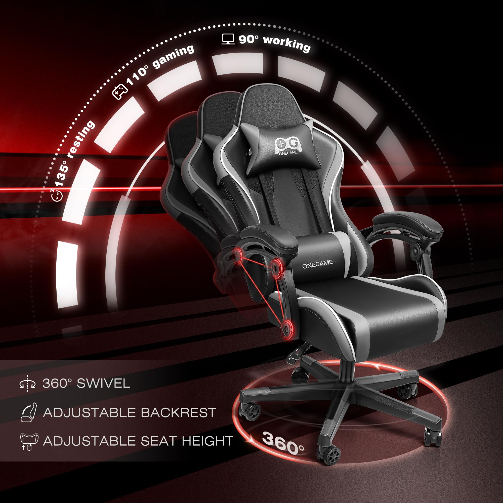OneGame Ergonomic Gaming Chair for Adults - Racing Style Computer Office Desk Chair with Adjustable Headrest & Lumbar Support - Black/Gray - Perfect for PC Gaming, Streaming & Home Office Work