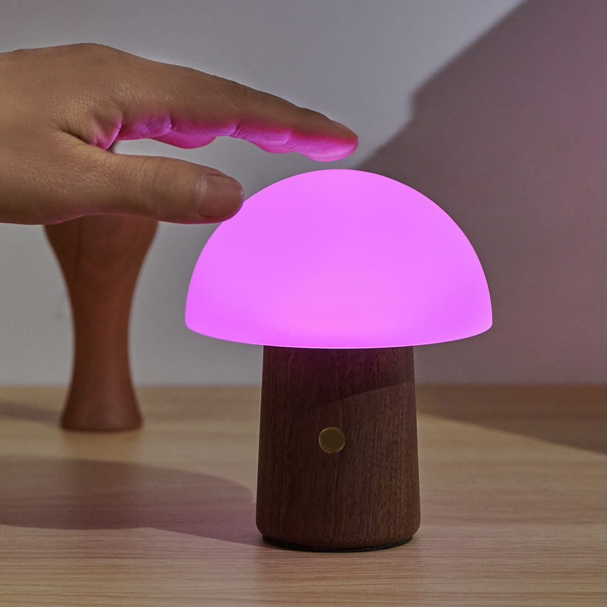 GINGKO Alice Mushroom LED Night Light - Wireless Rechargeable Mini Table Lamp with Walnut Base - Perfect for Bedroom, Nursery, Kids Room & Home Decor