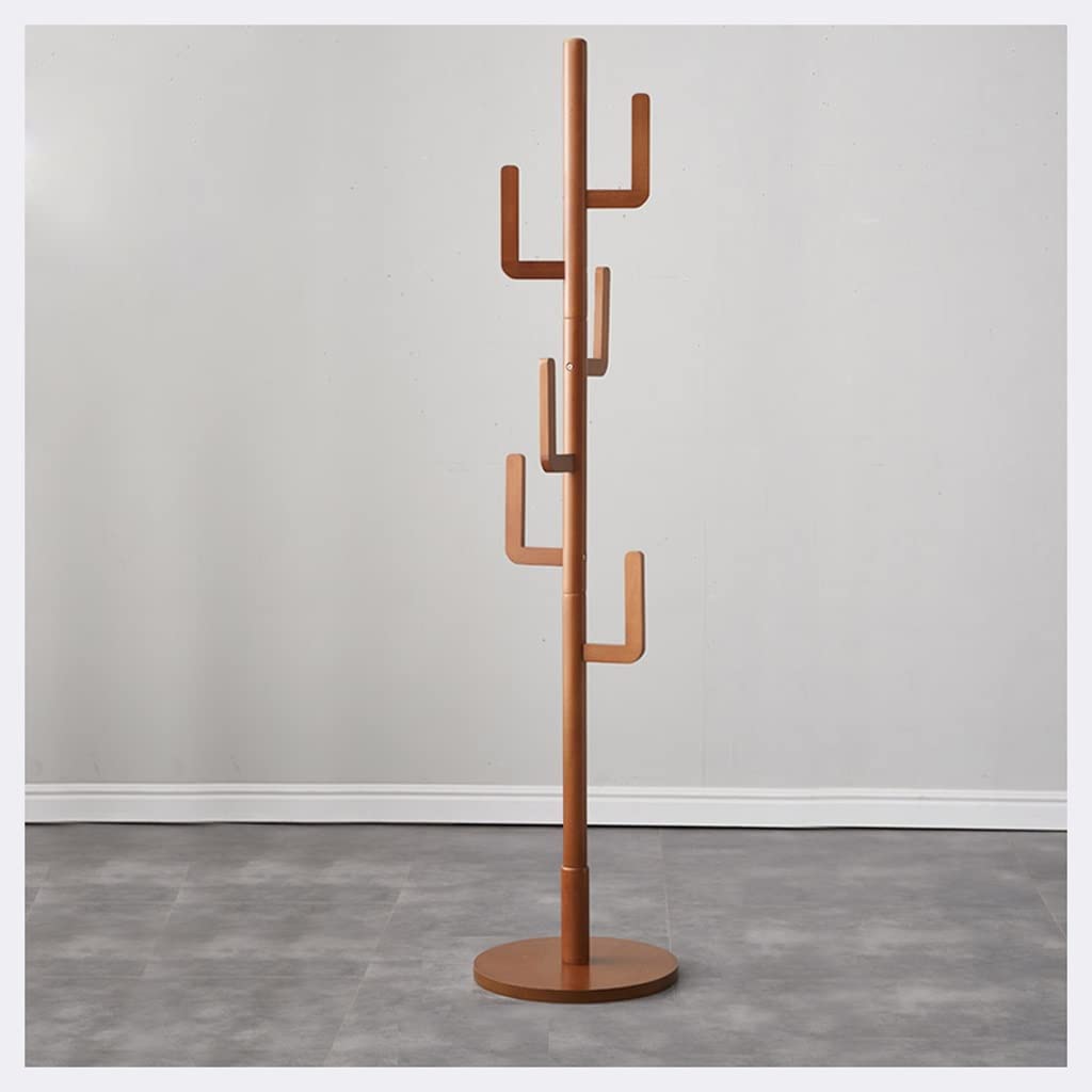 **Solid Wood Cactus Coat Rack with 6 Hooks - Adjustable Height Free Standing Coat Stand for Clothes, Hats & Scarves - Perfect for Entryway, Bedroom, or Office Organization (Brown)**