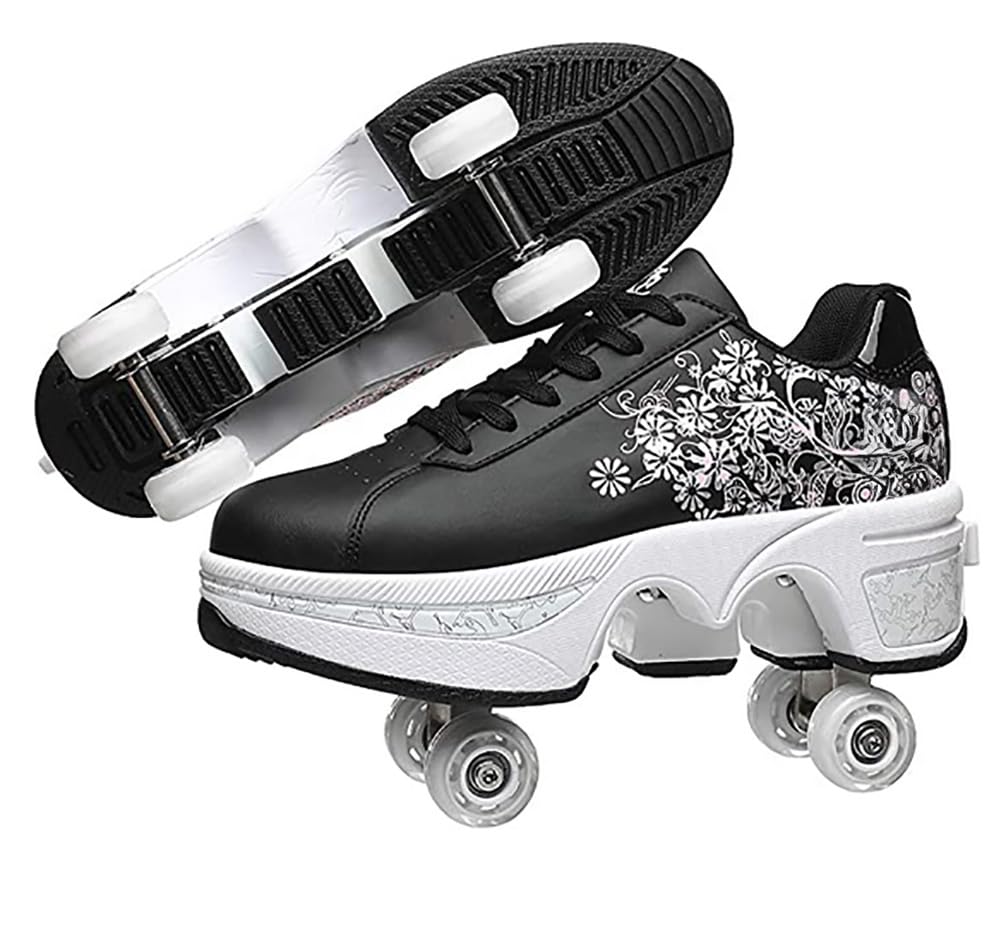 Women's Double-Row Quad Roller Skates - Detachable Wheel Skating Shoes for Girls & Boys | Unisex Roller Skate Shoes for Outdoor Fun, Fitness & Street Skating