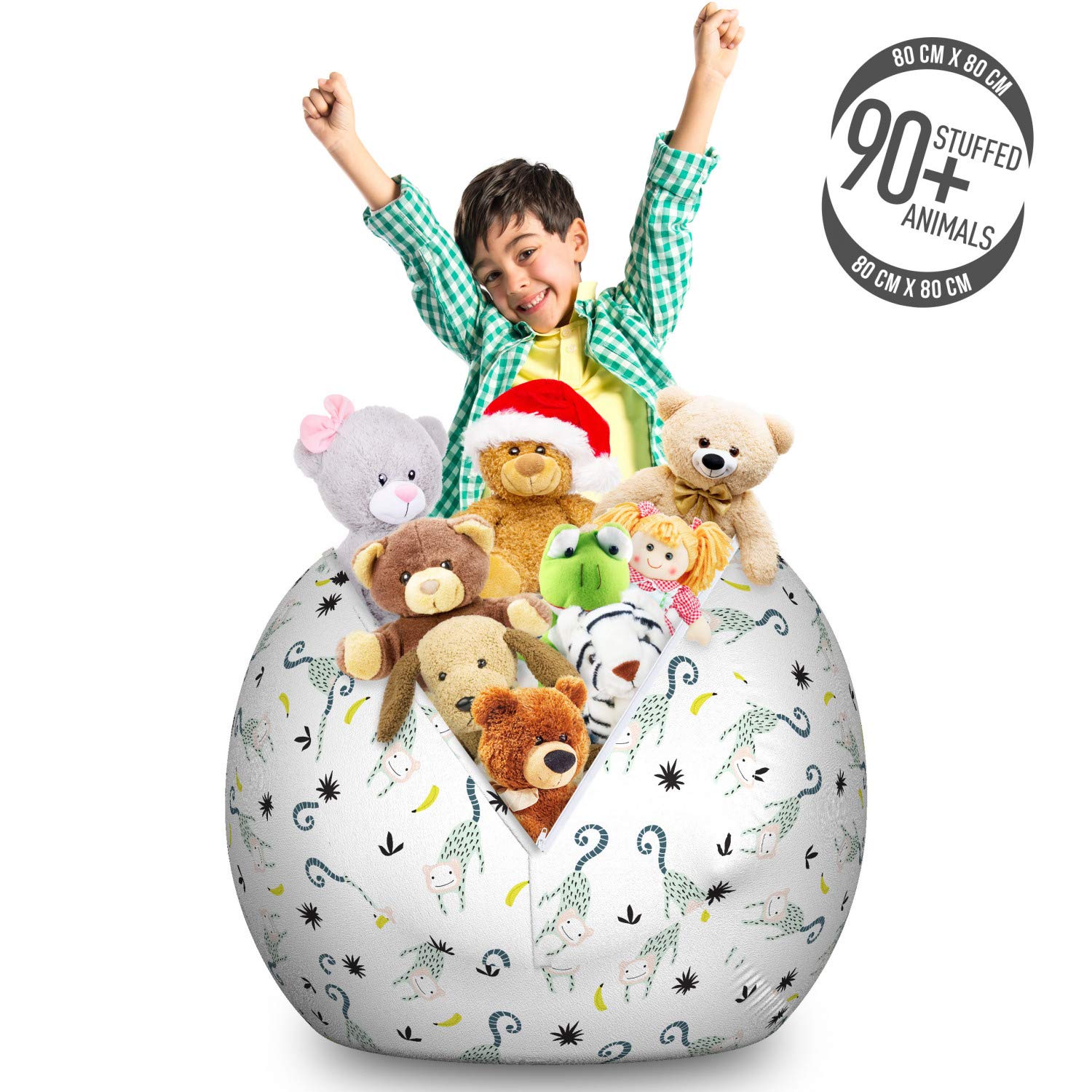 Ambesonne Monkey Storage Toy Bag Chair - Large Washable Stuffed Animal Organizer with Jungle Animal & Banana Tropical Wildlife Pattern - Perfect for Kids' Room, Playroom & Nursery Organization