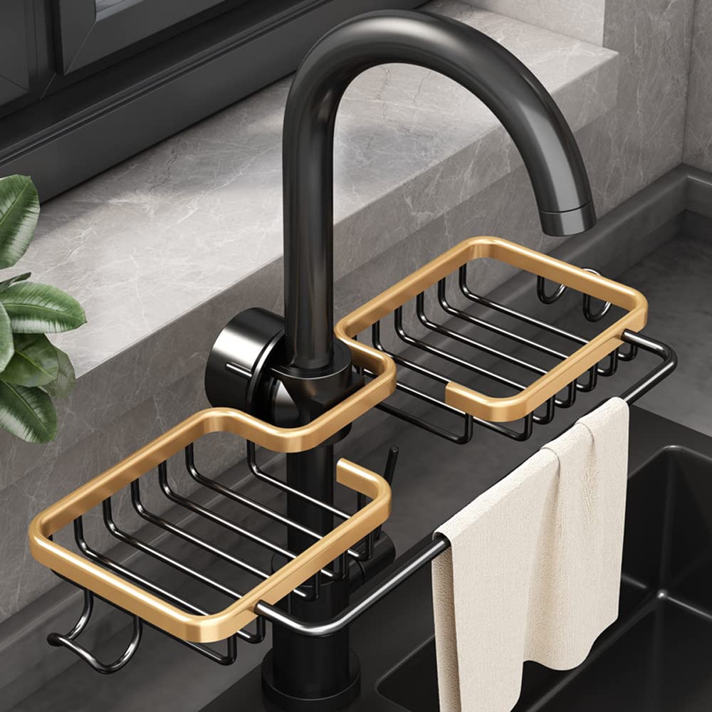 WINGSIGHT Over the Sink Faucet Sponge Holder & Dishcloth Rack - Double Kitchen Sink Organizer, Golden - Perfect for Small Kitchen Spaces & Clutter-Free Sink Areas