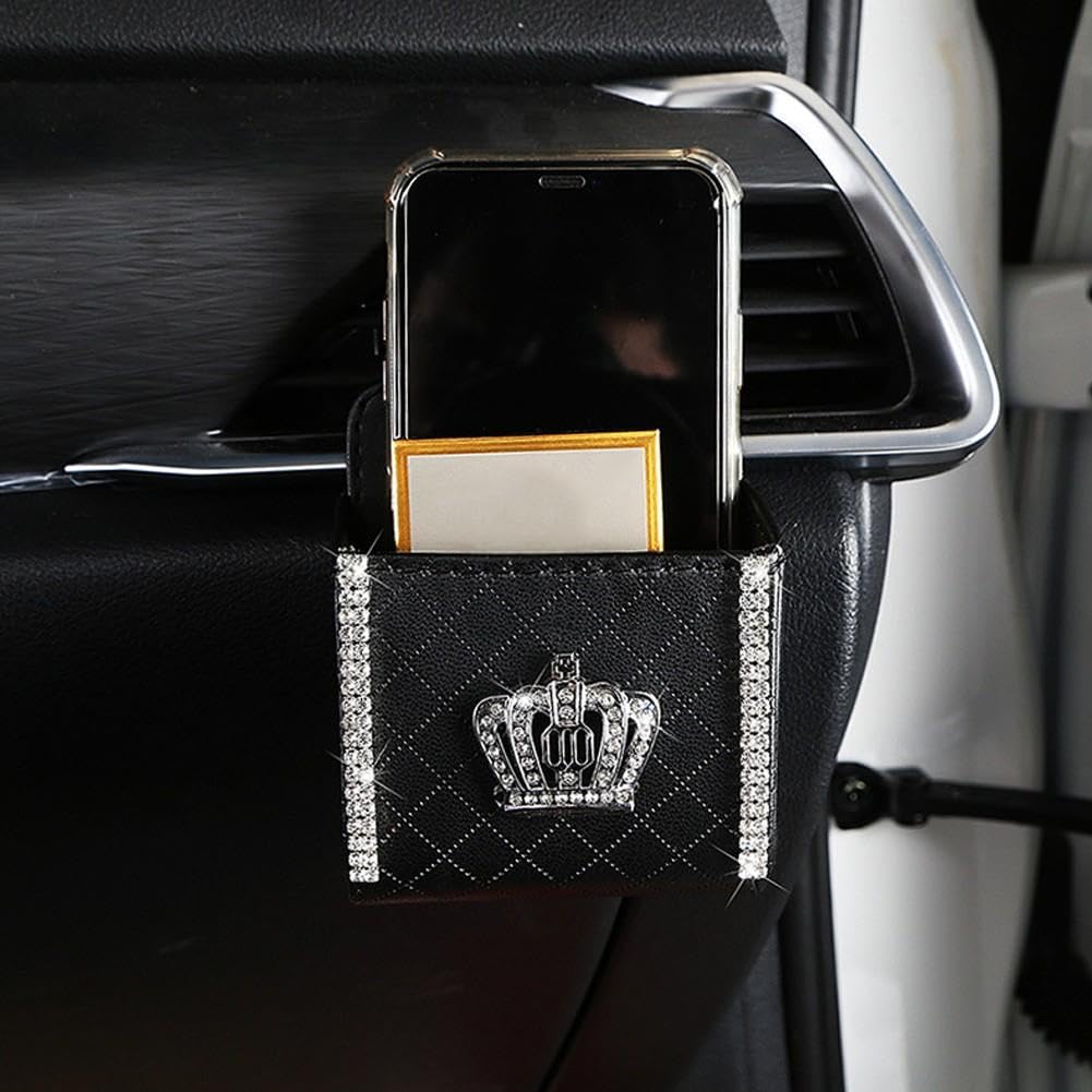Bling Crystal Car Air Vent Storage Organizer - Crown Design Phone Holder for iPhone, Keys, Sunglasses, Pens & Coins - Perfect for Sedans, SUVs & Trucks