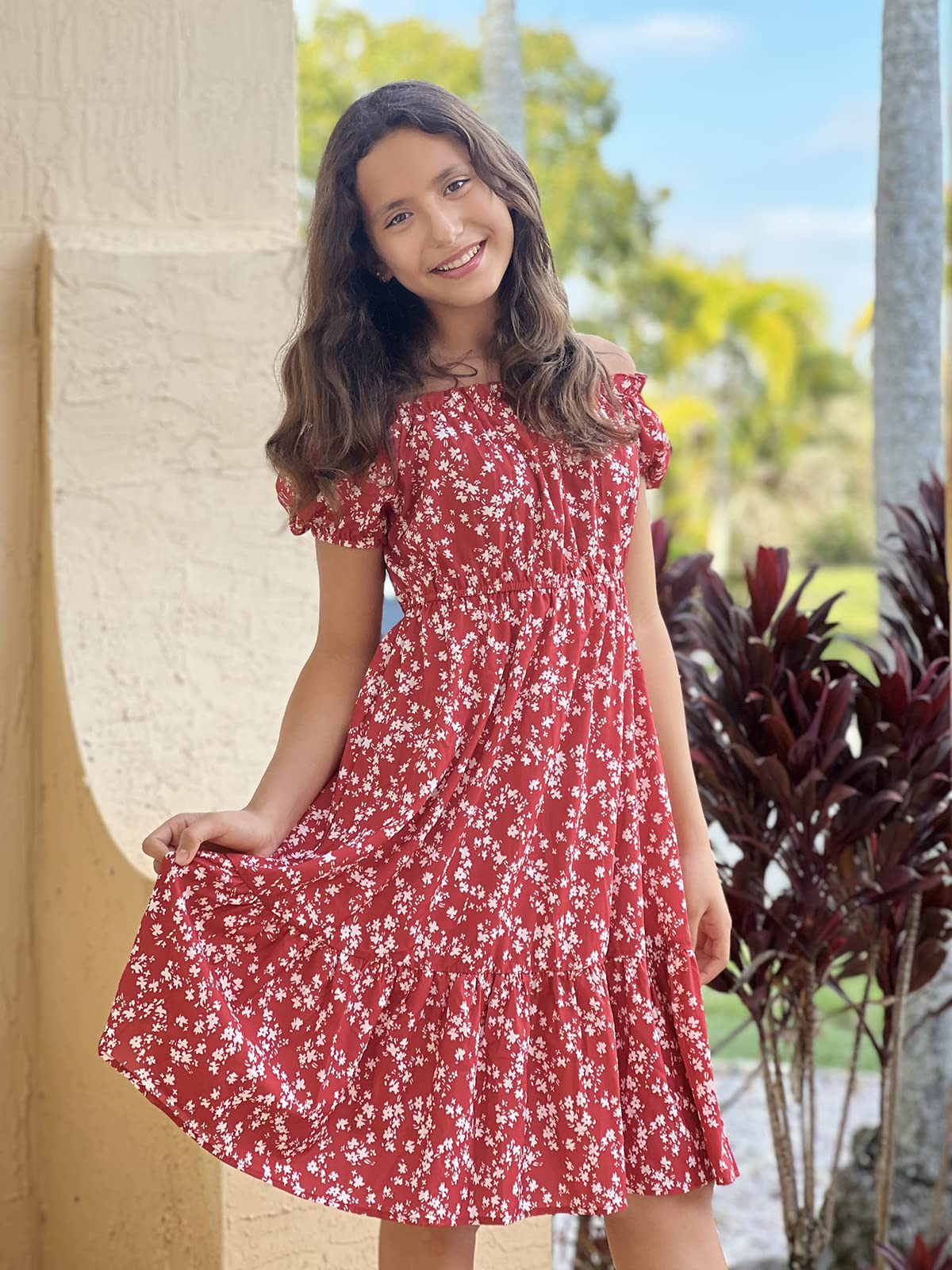 **Girls Summer Floral Dress - Square Neck Puff Sleeve A-Line Midi Dress for Kids | Perfect for Beach, Party & Casual Outings**