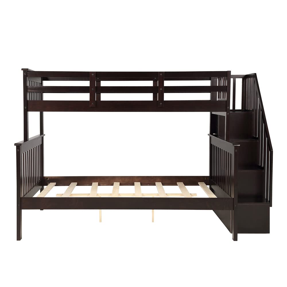 Solid Wood Twin Over Full Bunk Bed with Stairway - Full-Length Guardrail & Storage Steps | Convertible Design with Underbed Storage | No Box Spring Needed (Espresso Finish) - Perfect for Kids' Bedrooms, Guest Rooms & Space-Saving Small Apartments